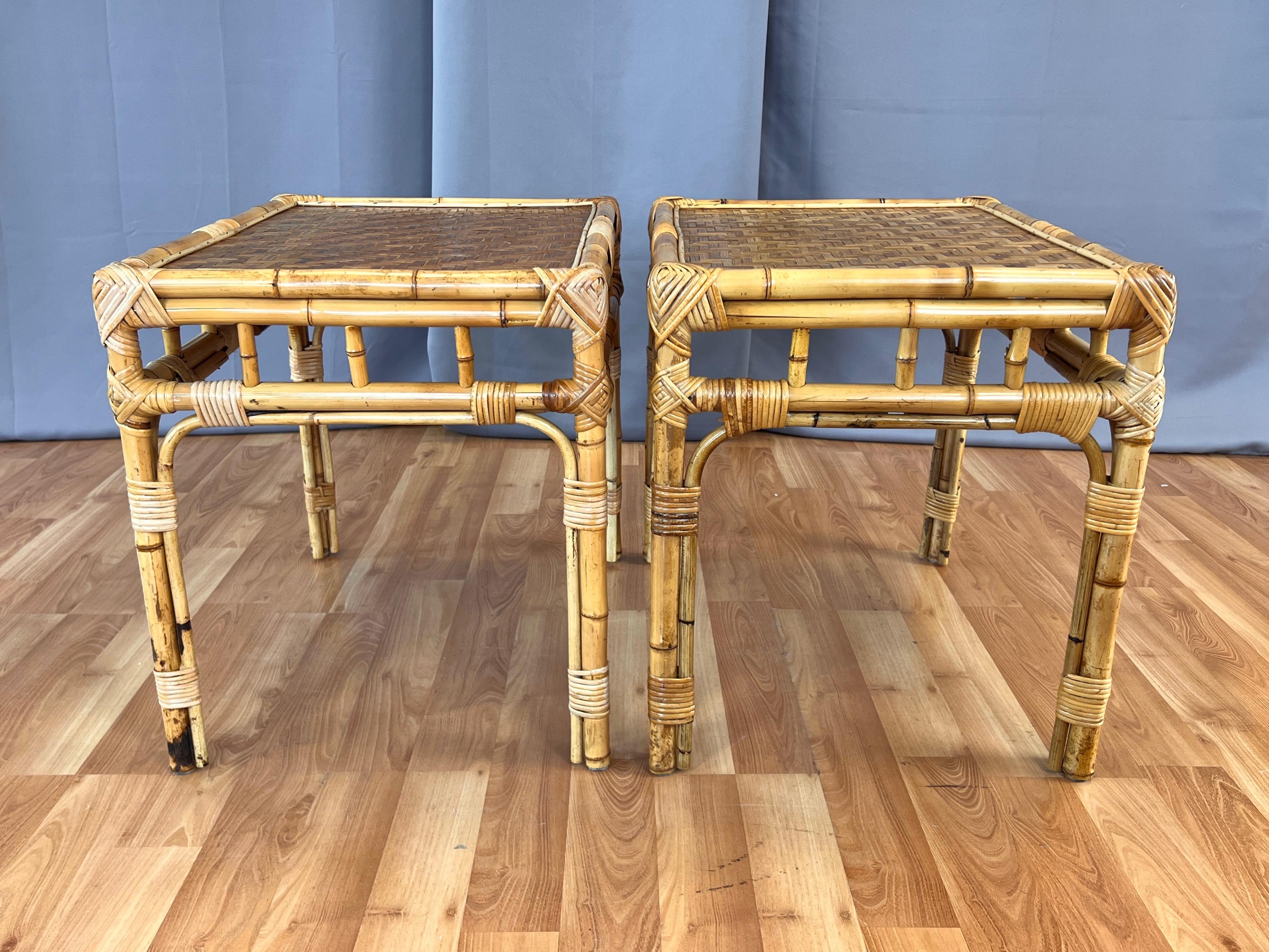 Pair of Bamboo Side Tables with Woven Cane Herringbone Pattern Tops, c. 1970 In Good Condition For Sale In San Francisco, CA