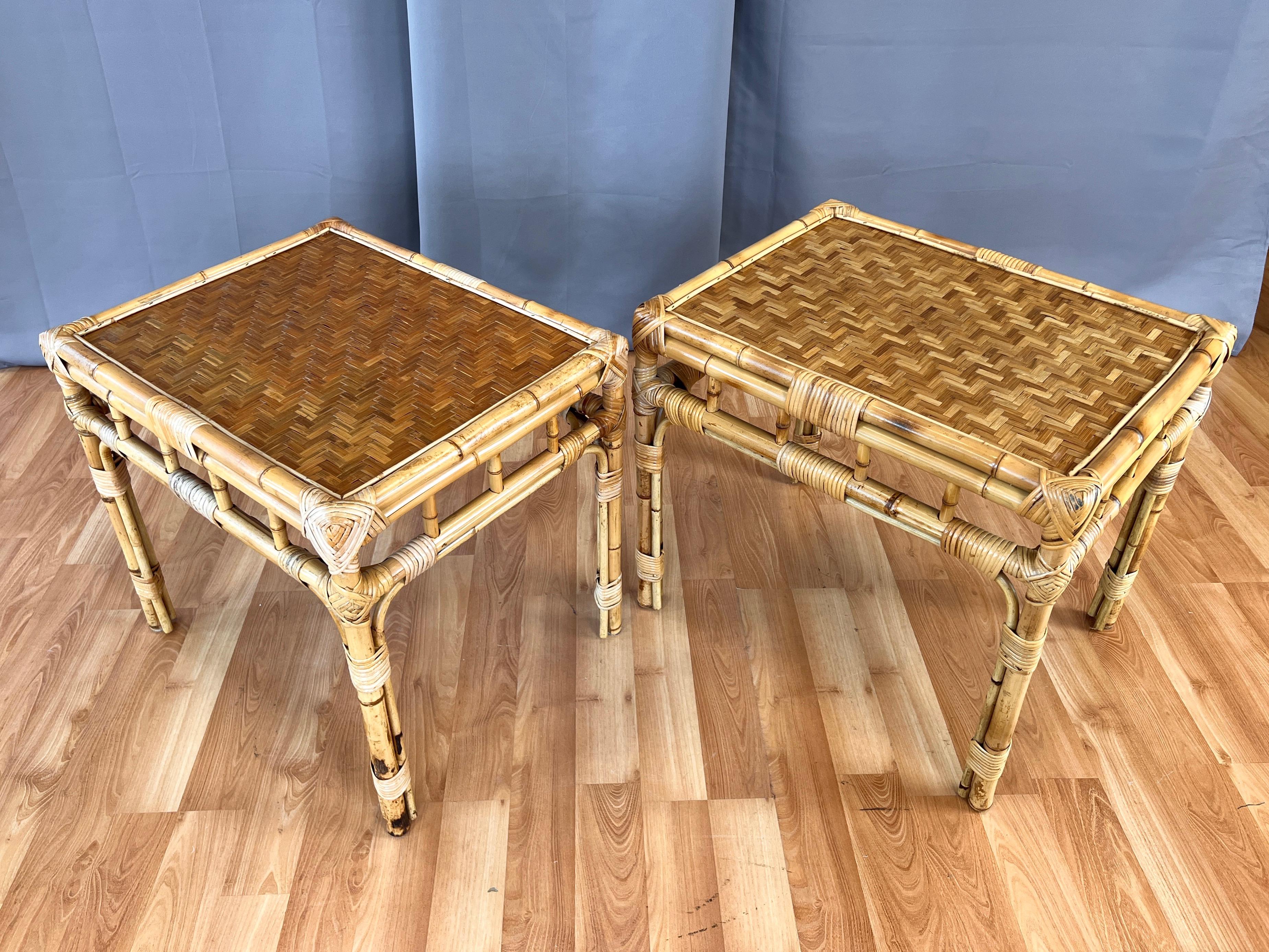Late 20th Century Pair of Bamboo Side Tables with Woven Cane Herringbone Pattern Tops, c. 1970 For Sale