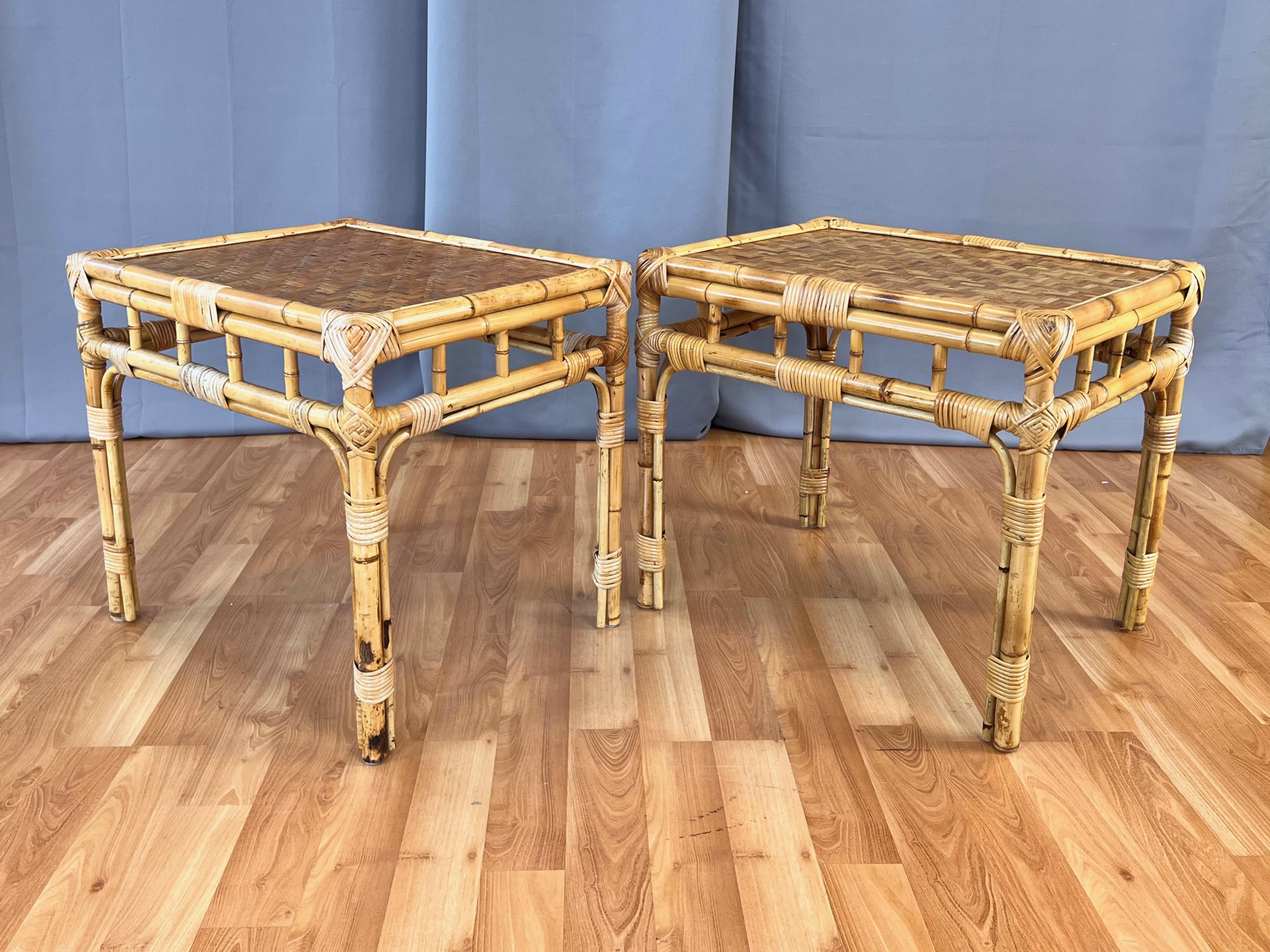 Pair of Bamboo Side Tables with Woven Cane Herringbone Pattern Tops, c. 1970 For Sale 1