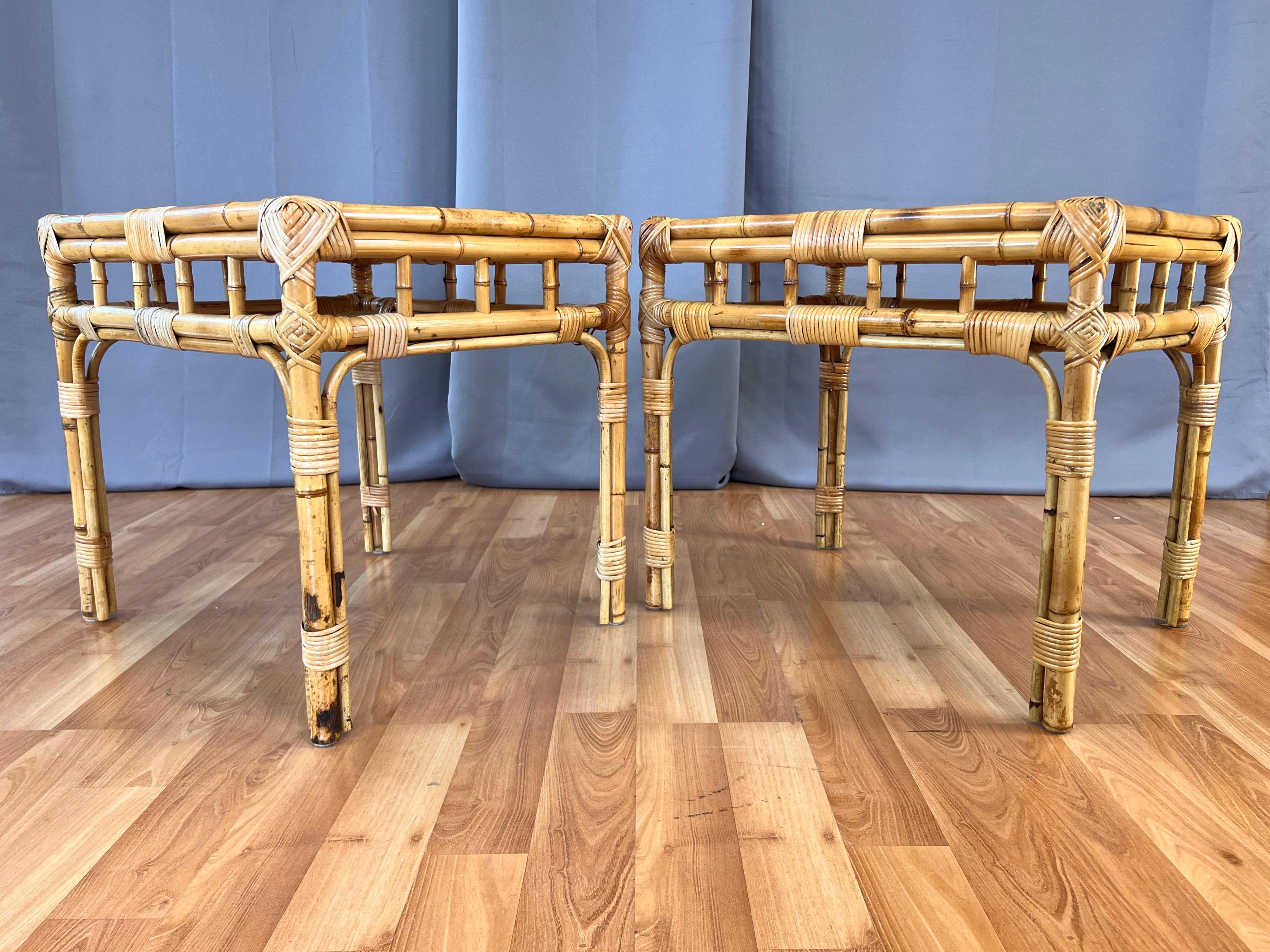 Pair of Bamboo Side Tables with Woven Cane Herringbone Pattern Tops, c. 1970 For Sale 2