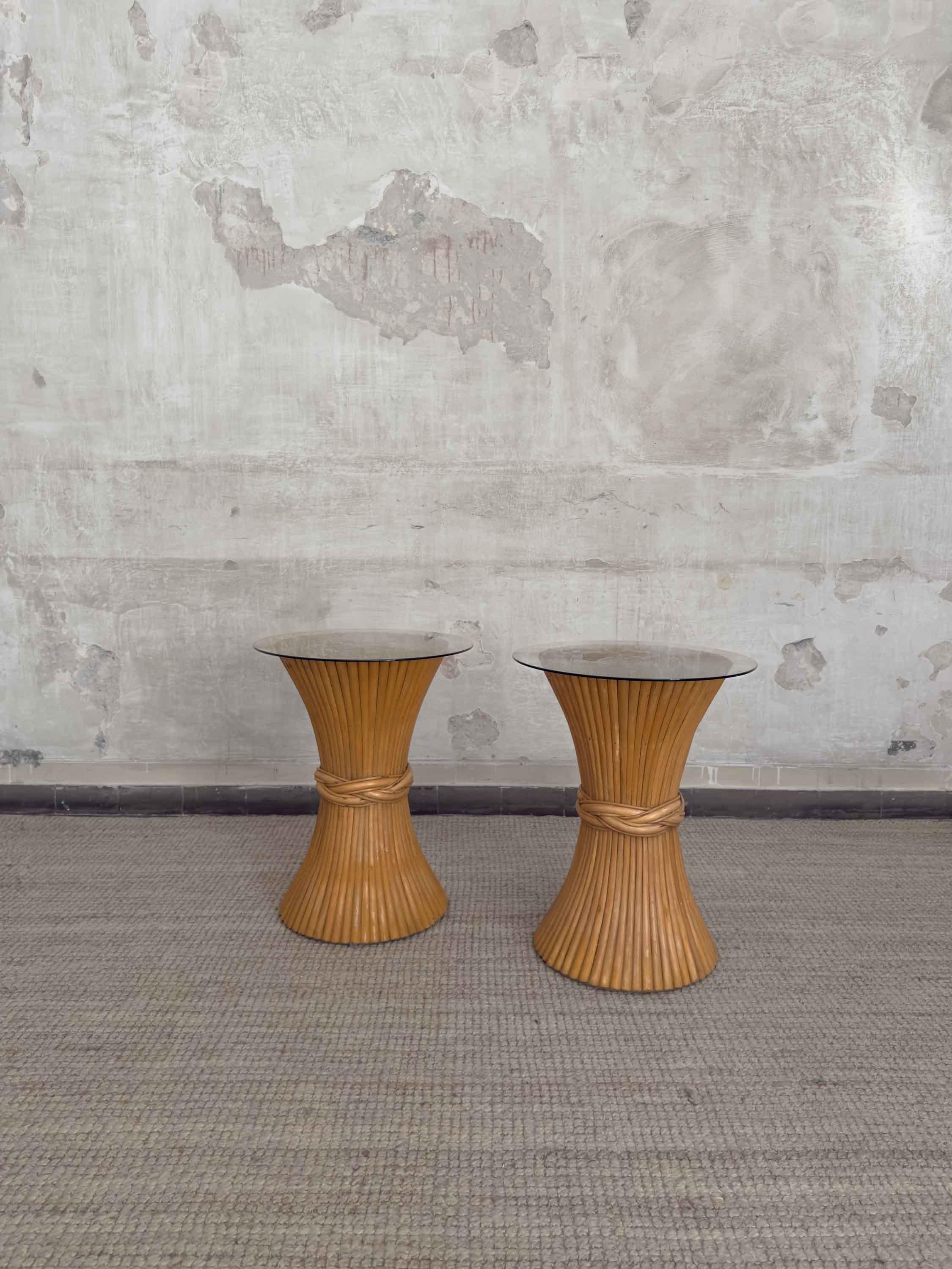Italian Pair of Bamboo Sidetables With Glass Tops By Mcguire – 1970s For Sale