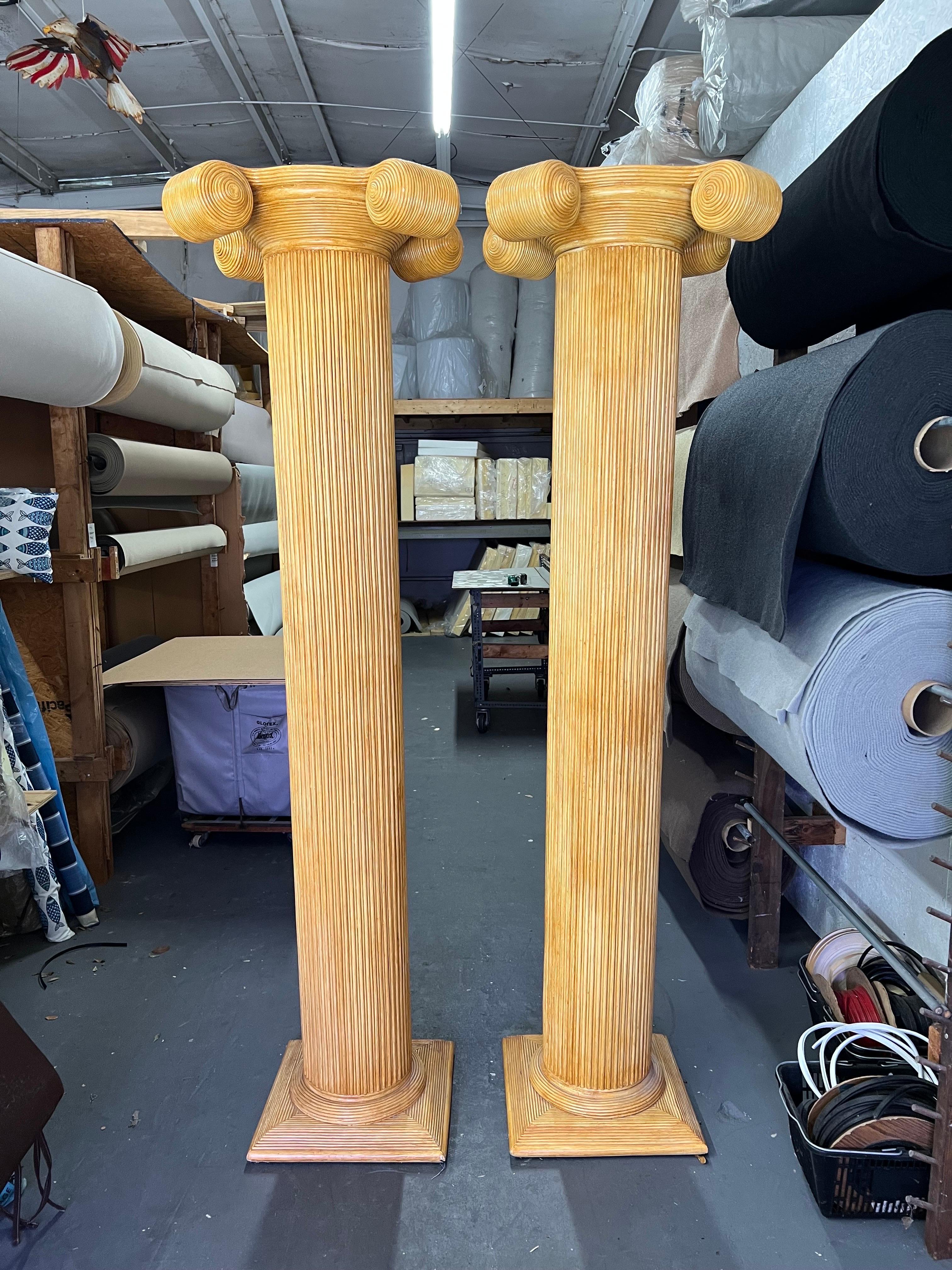 Pair of Bamboo Split Reed Ionic Columns. Amazing architectural accent pieces. Perfect for a shop or to make a poolside cabana look cool. The ideas are endless. Hollow inside but sturdy and strong structure . They have a washed finish. Column width