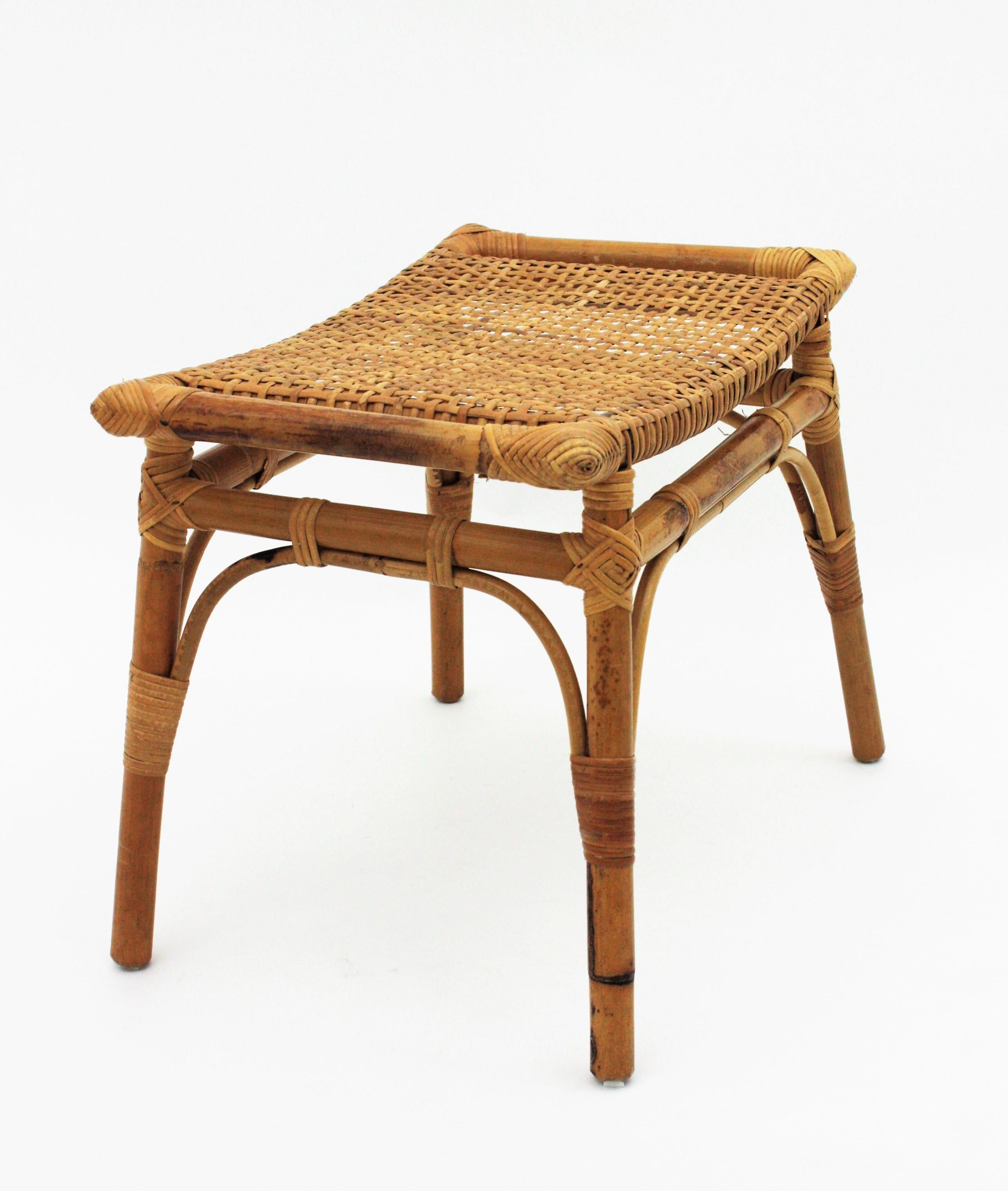 Pair of Bamboo Stools, Benches or Ottoman with Woven Wicker Cane Seats 1