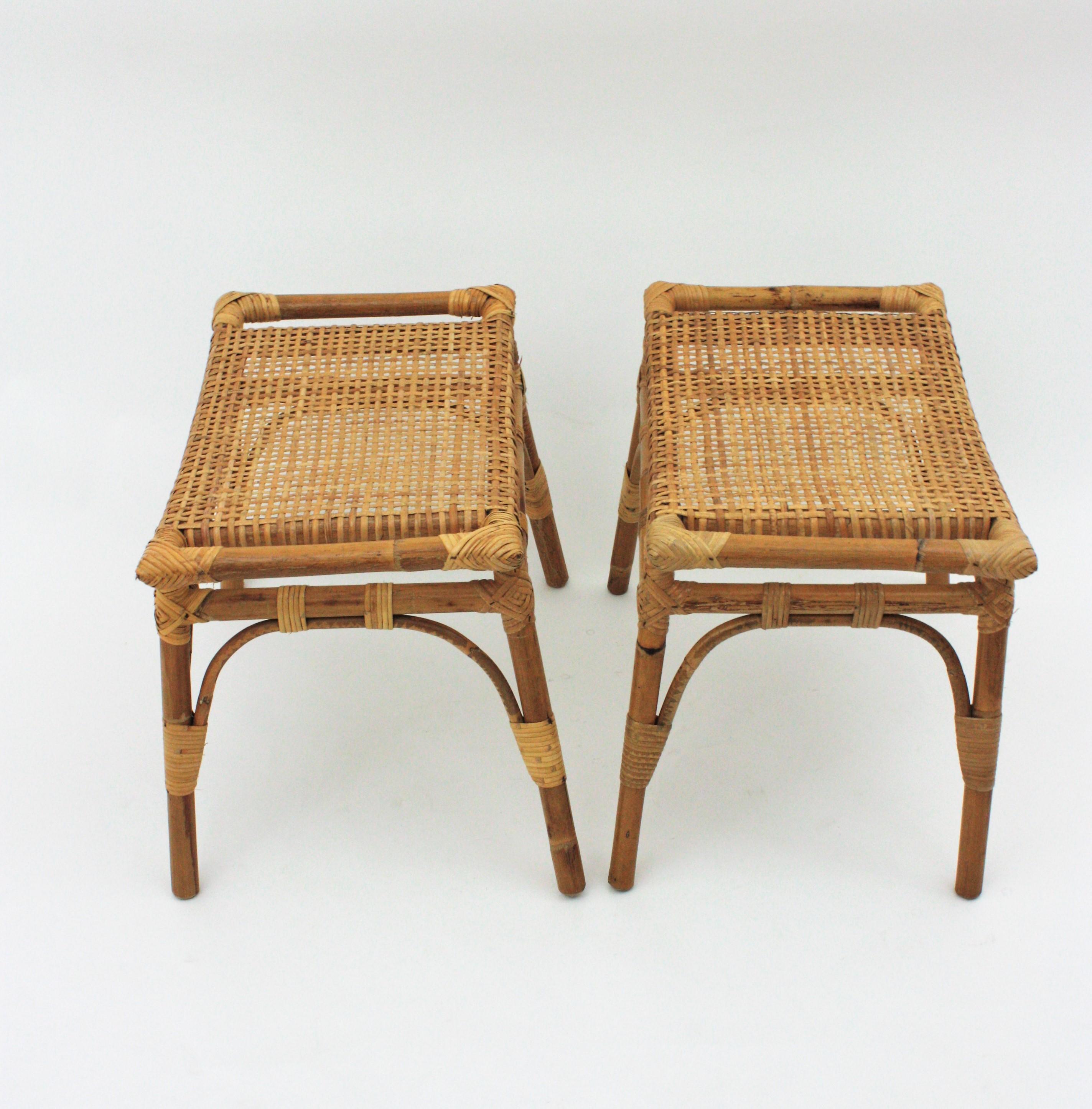 Pair of Bamboo Stools, Benches or Ottoman with Woven Wicker Cane Seats 3