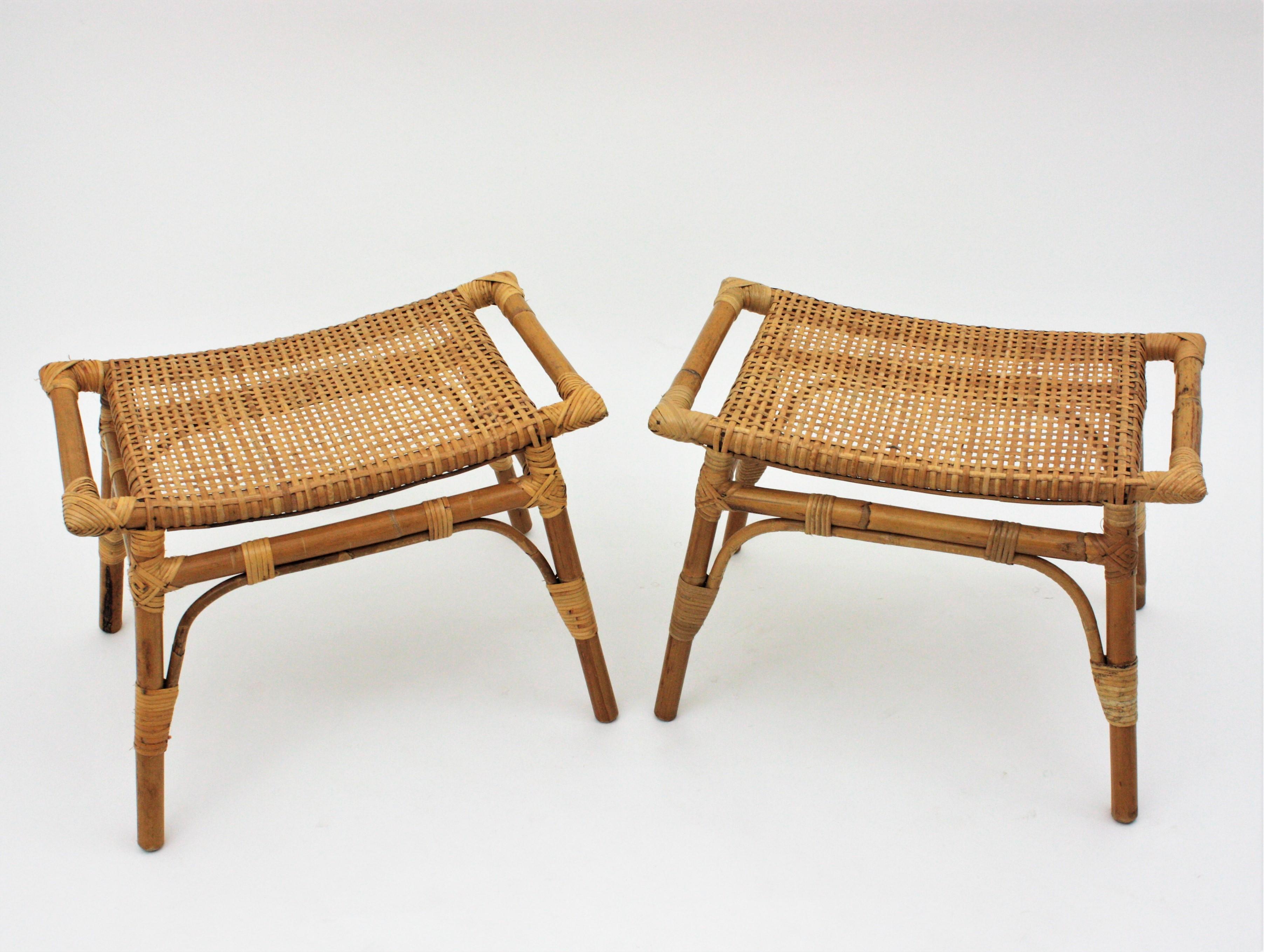 Pair of Bamboo Stools, Benches or Ottoman with Woven Wicker Cane Seats 4