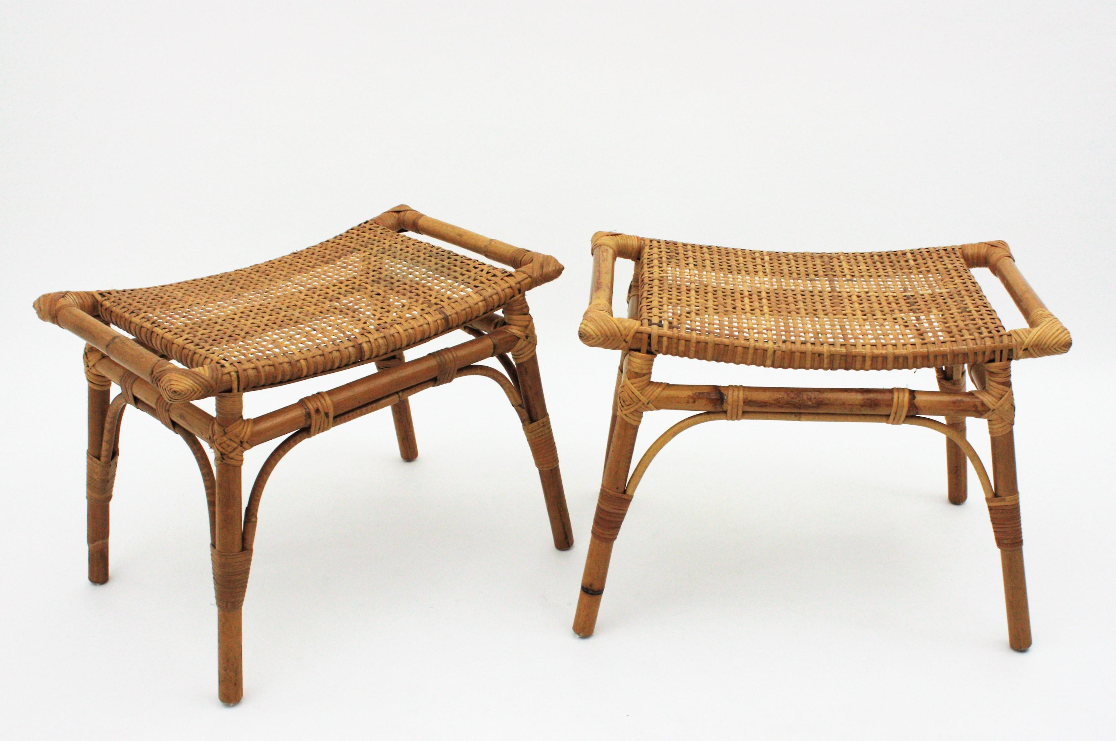 Pair of Bamboo Stools, Benches or Ottoman with Woven Wicker Cane Seats 4