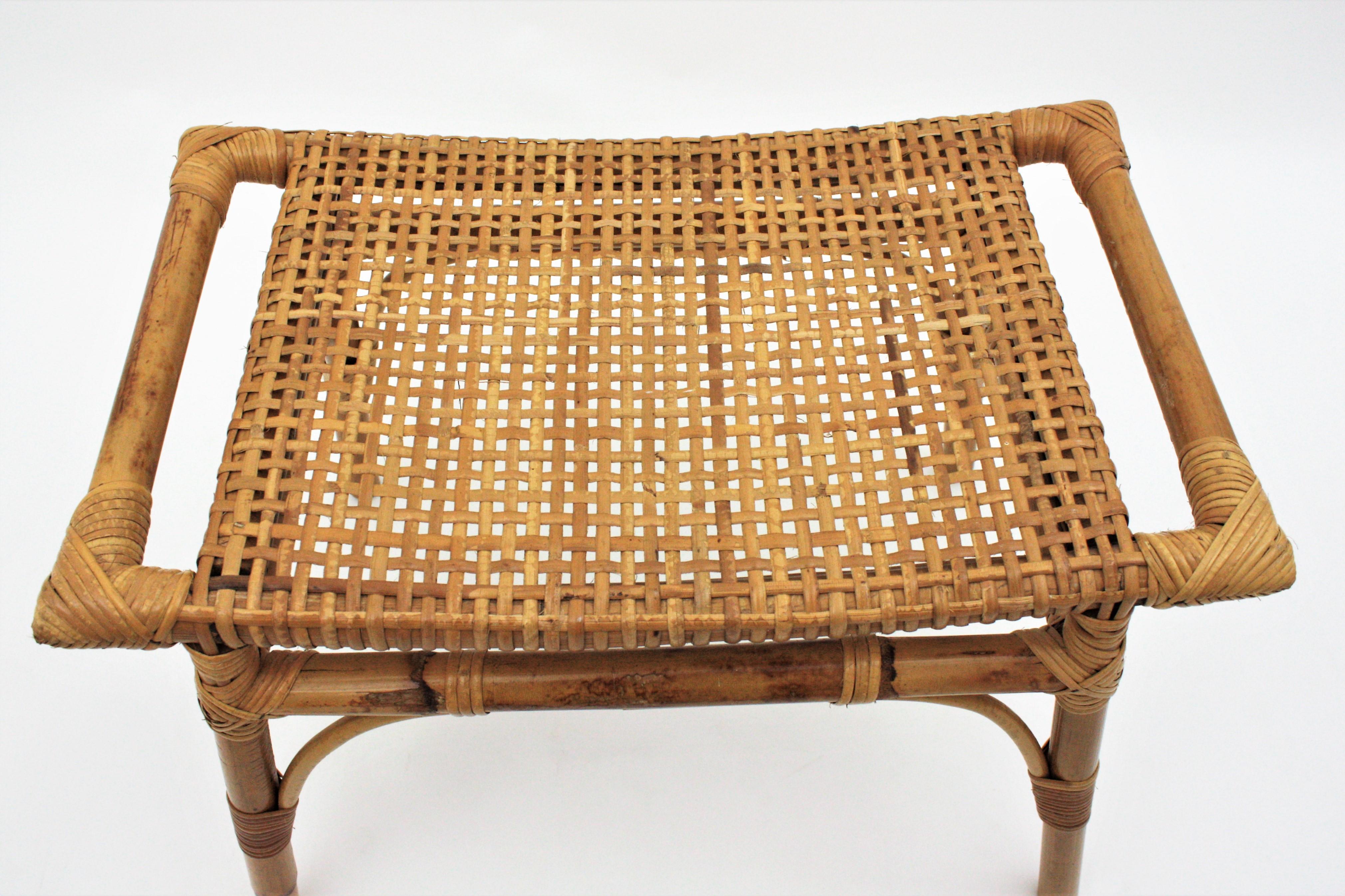 Pair of Bamboo Stools, Benches or Ottoman with Woven Wicker Cane Seats 5