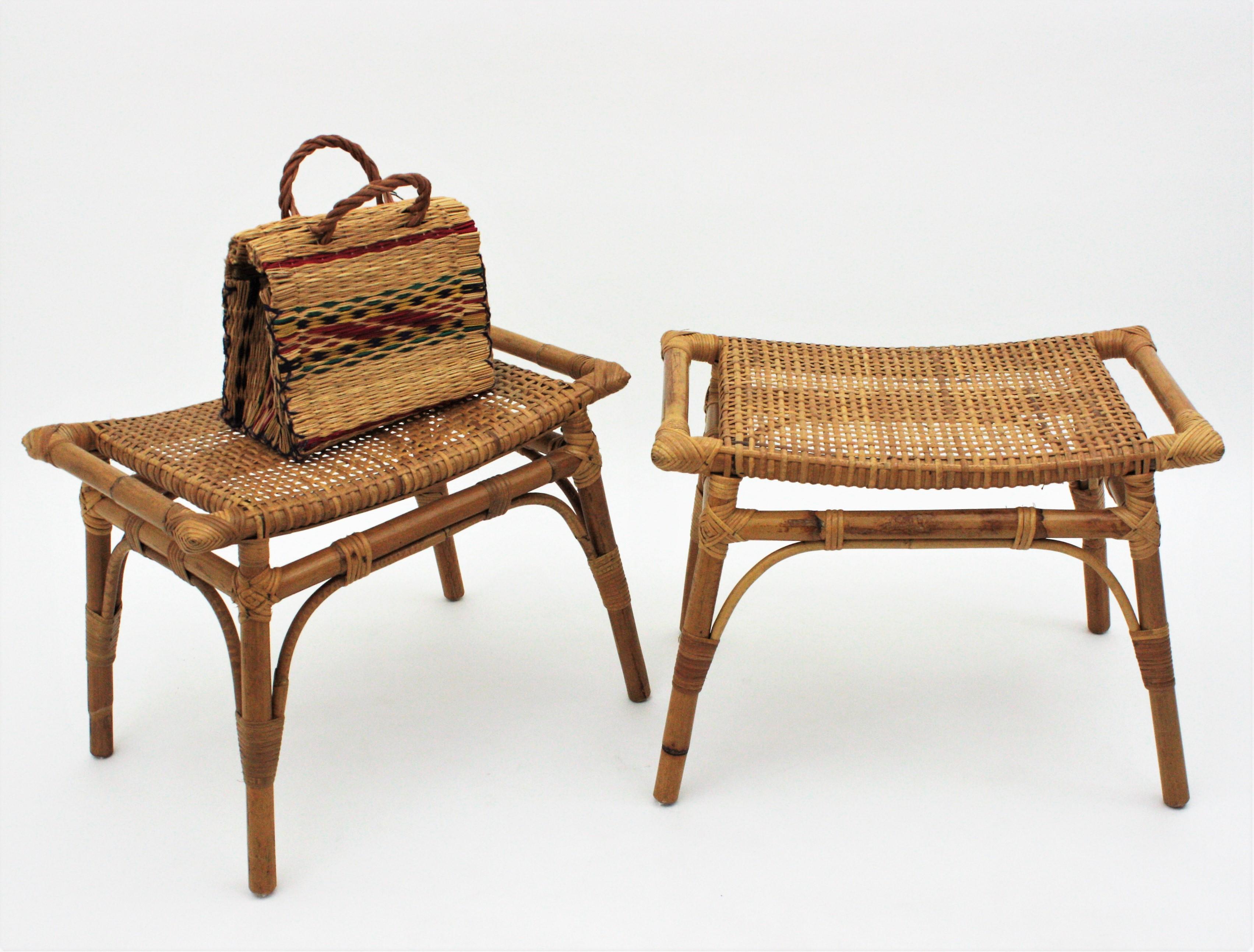 Pair of Bamboo Stools, Benches or Ottoman with Woven Wicker Cane Seats 7