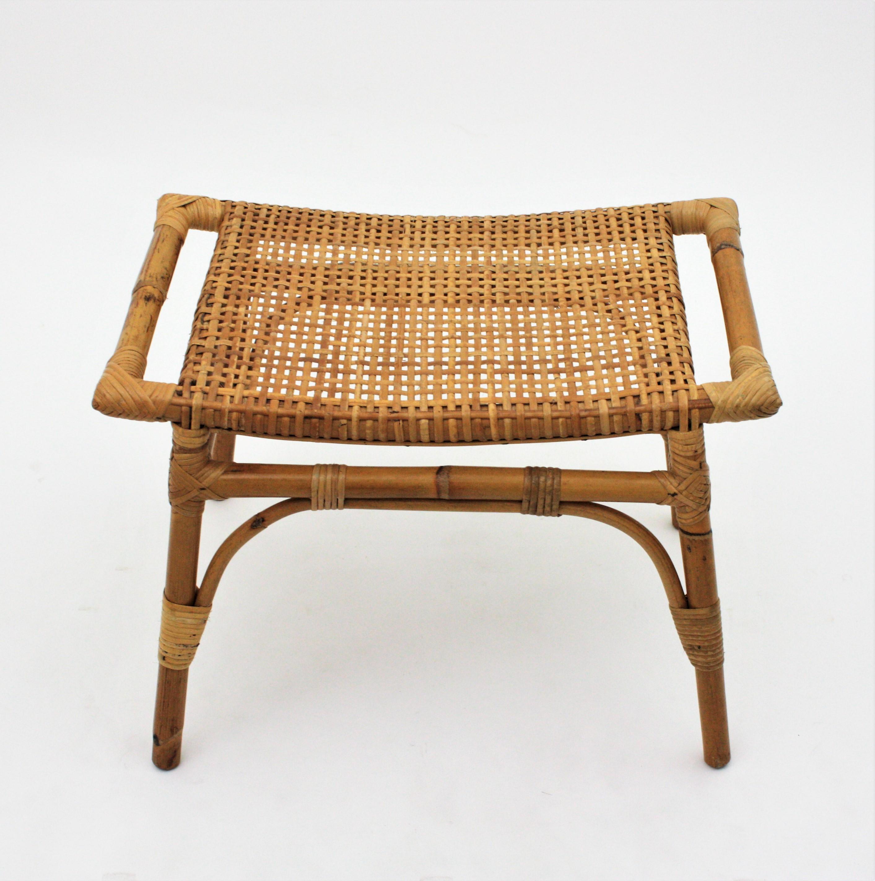 Mid-Century Modern Pair of Bamboo Stools, Benches or Ottoman with Woven Wicker Cane Seats