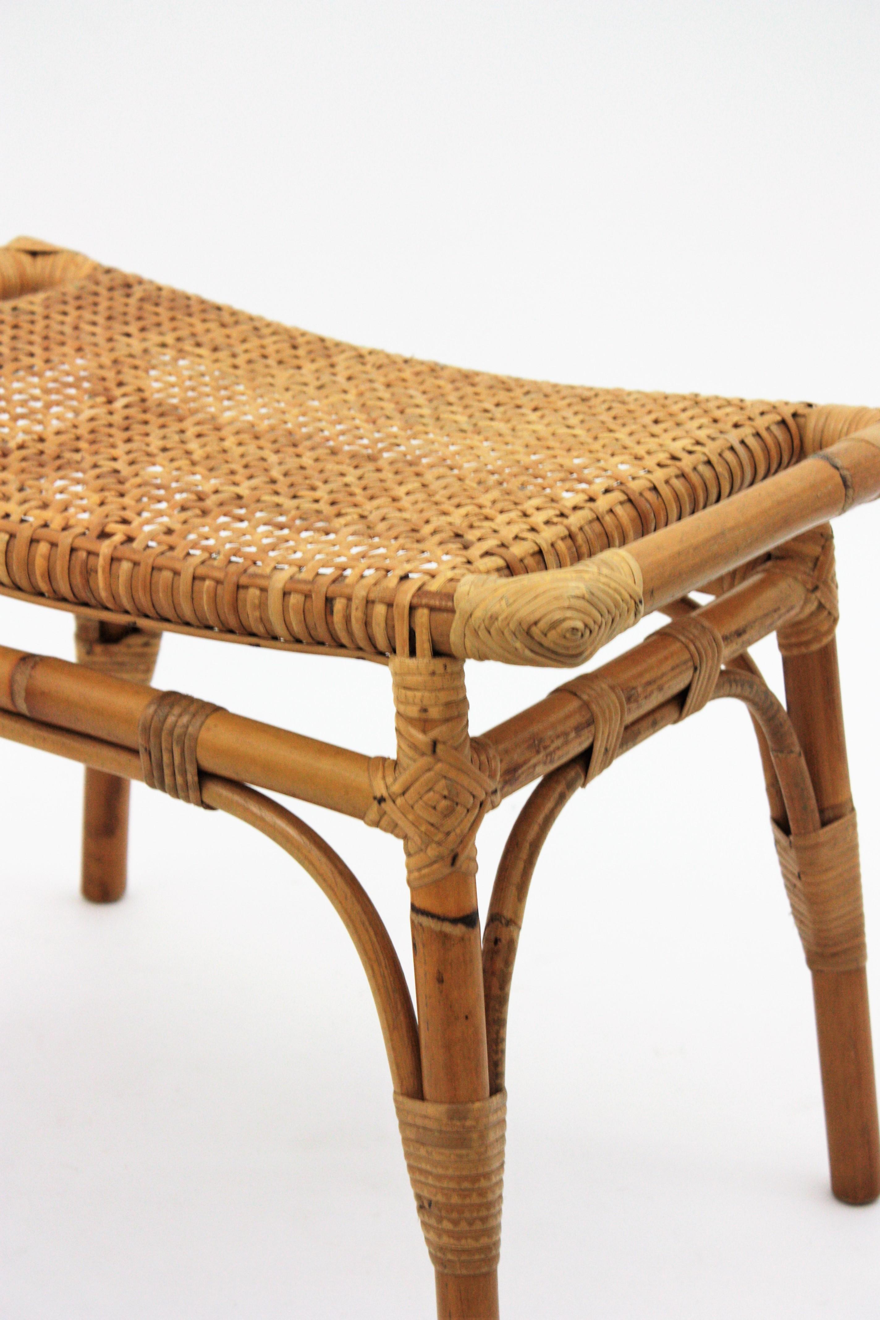 Spanish Pair of Bamboo Stools, Benches or Ottoman with Woven Wicker Cane Seats
