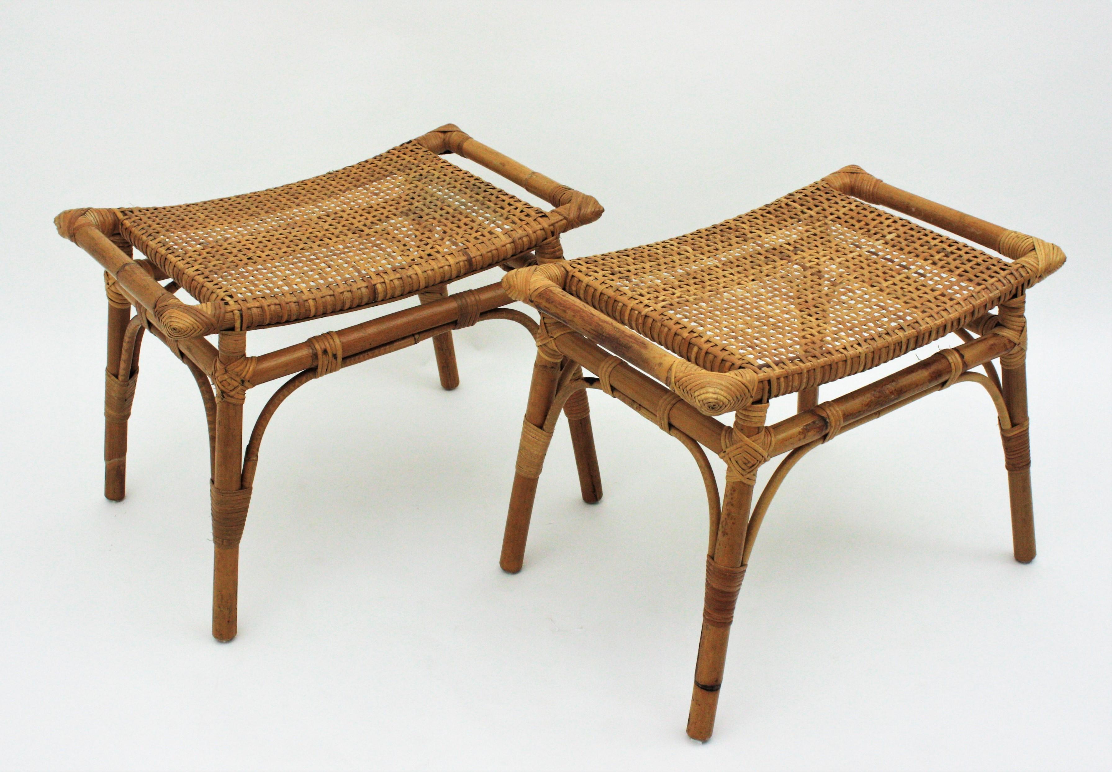 Mid-Century Modern Pair of Bamboo Stools, Benches or Ottoman with Woven Wicker Cane Seats