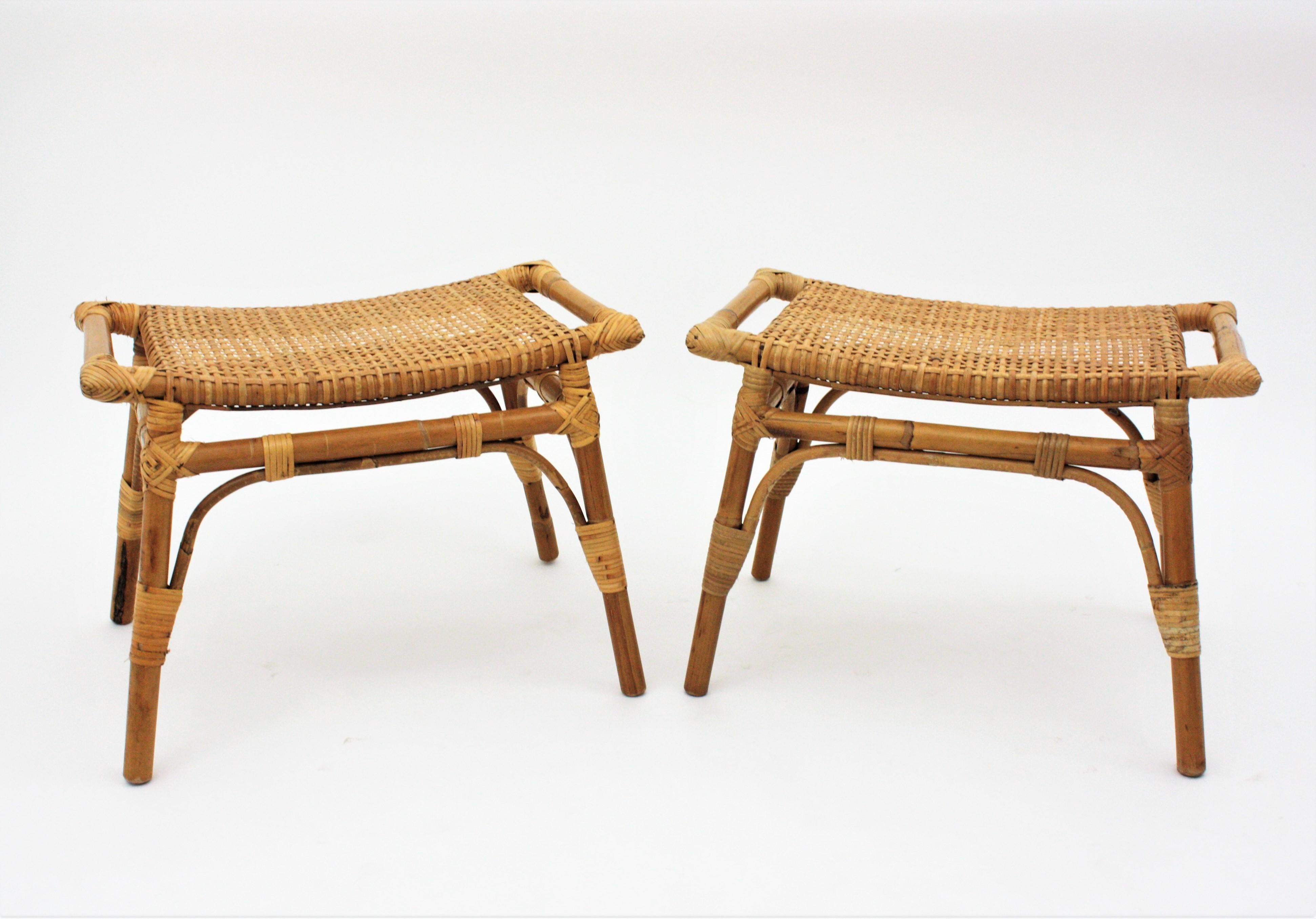Pair of Bamboo Stools, Benches or Ottoman with Woven Wicker Cane Seats In Good Condition In Barcelona, ES
