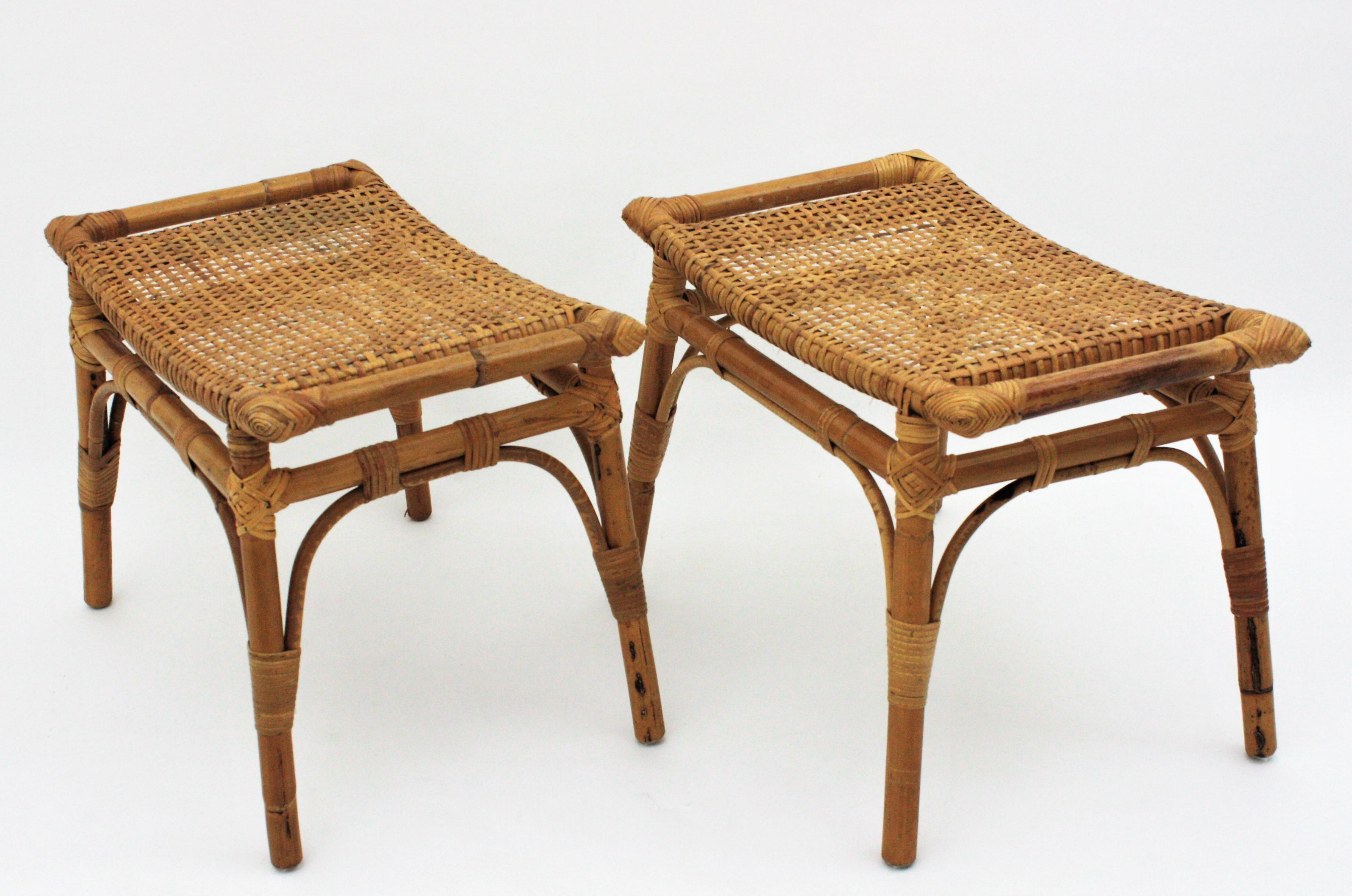 Spanish Pair of Bamboo Stools, Benches or Ottoman with Woven Wicker Cane Seats