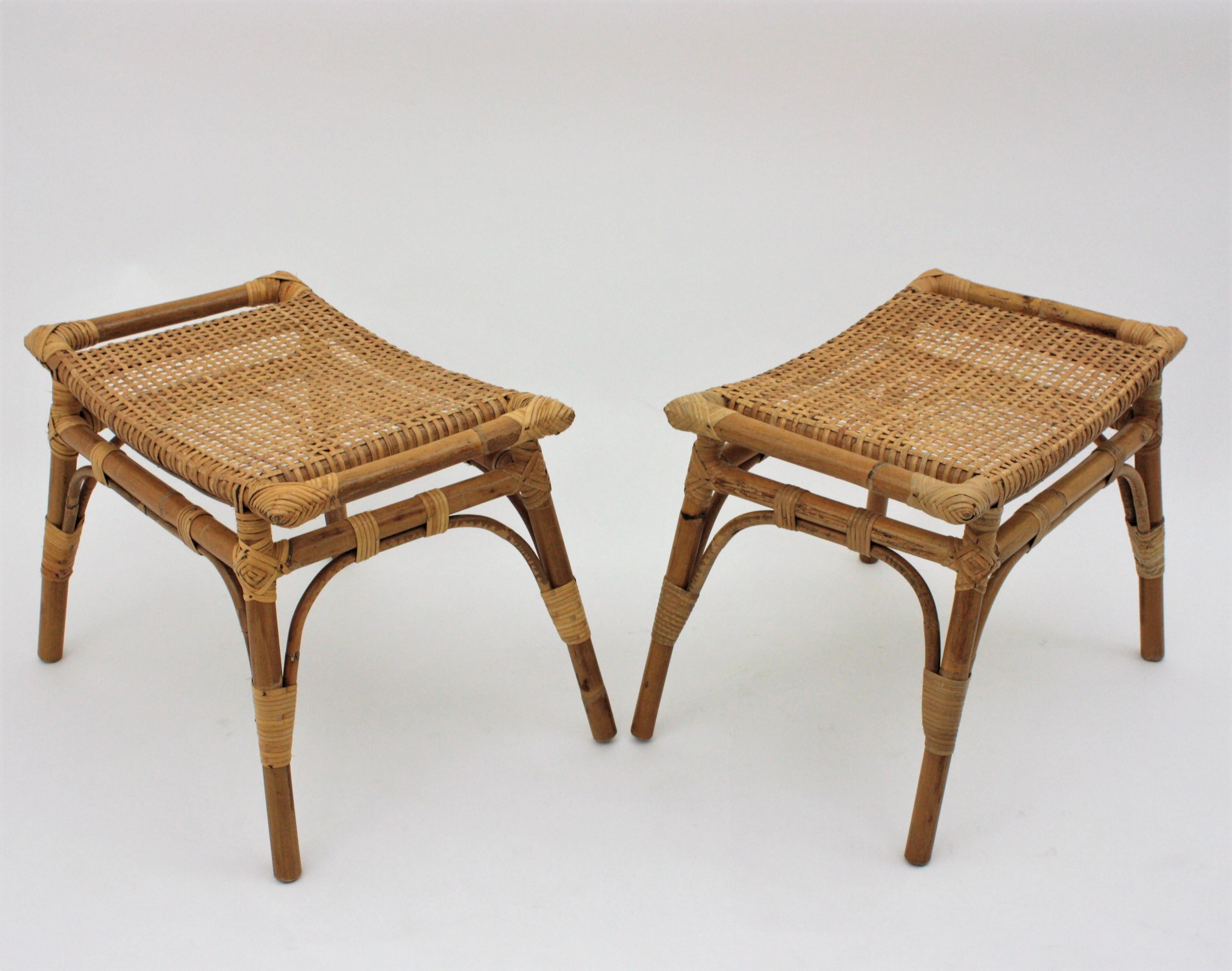20th Century Pair of Bamboo Stools, Benches or Ottoman with Woven Wicker Cane Seats