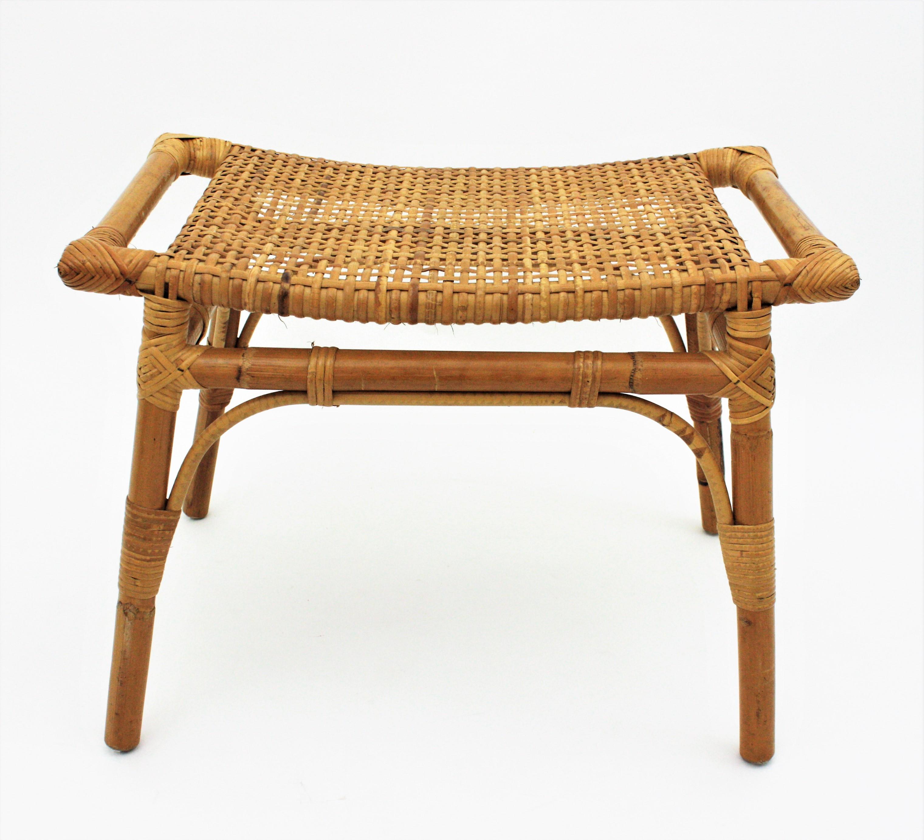 Pair of Bamboo Stools, Benches or Ottoman with Woven Wicker Cane Seats In Good Condition In Barcelona, ES