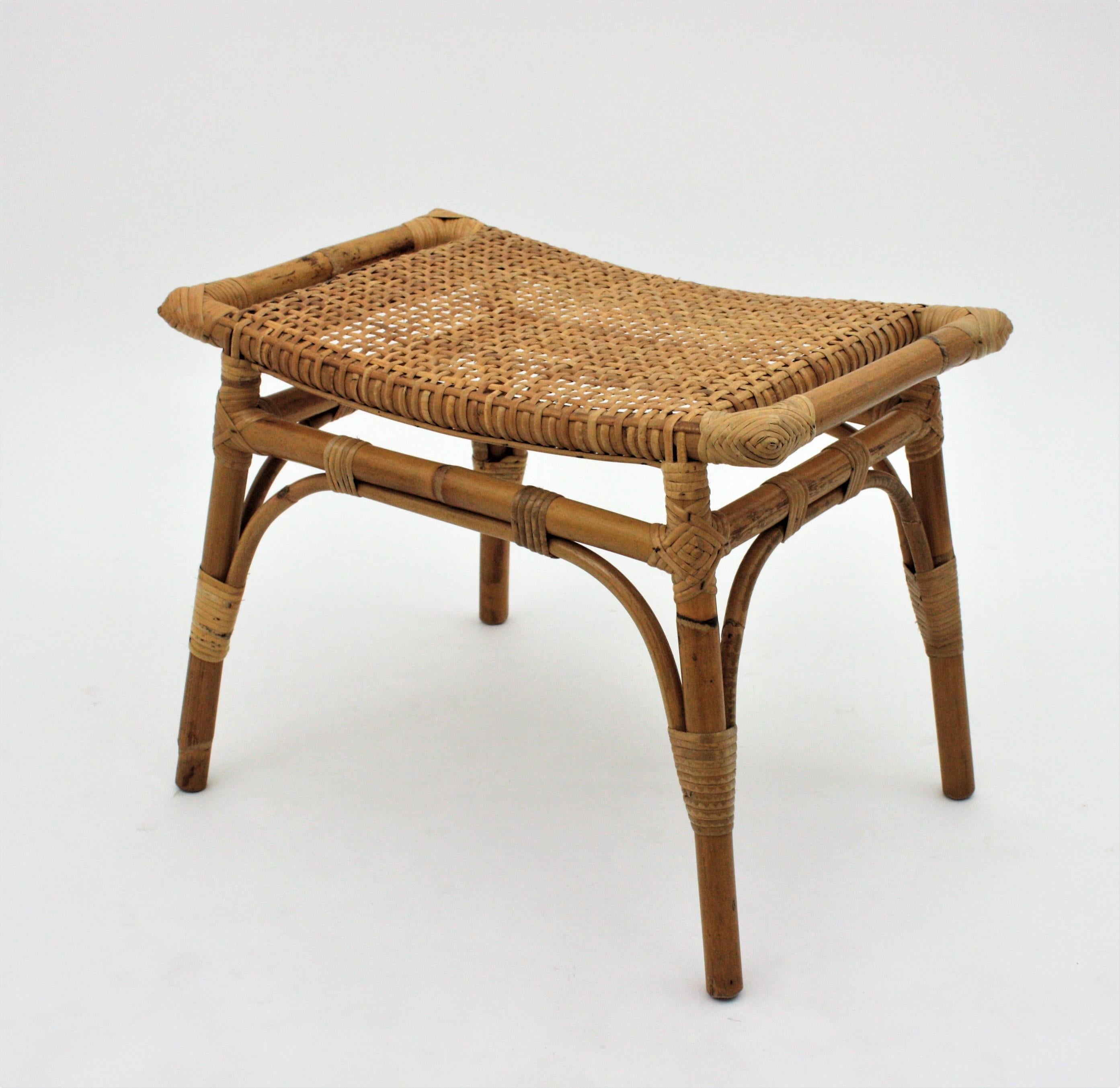Pair of Bamboo Stools, Benches or Ottoman with Woven Wicker Cane Seats 2