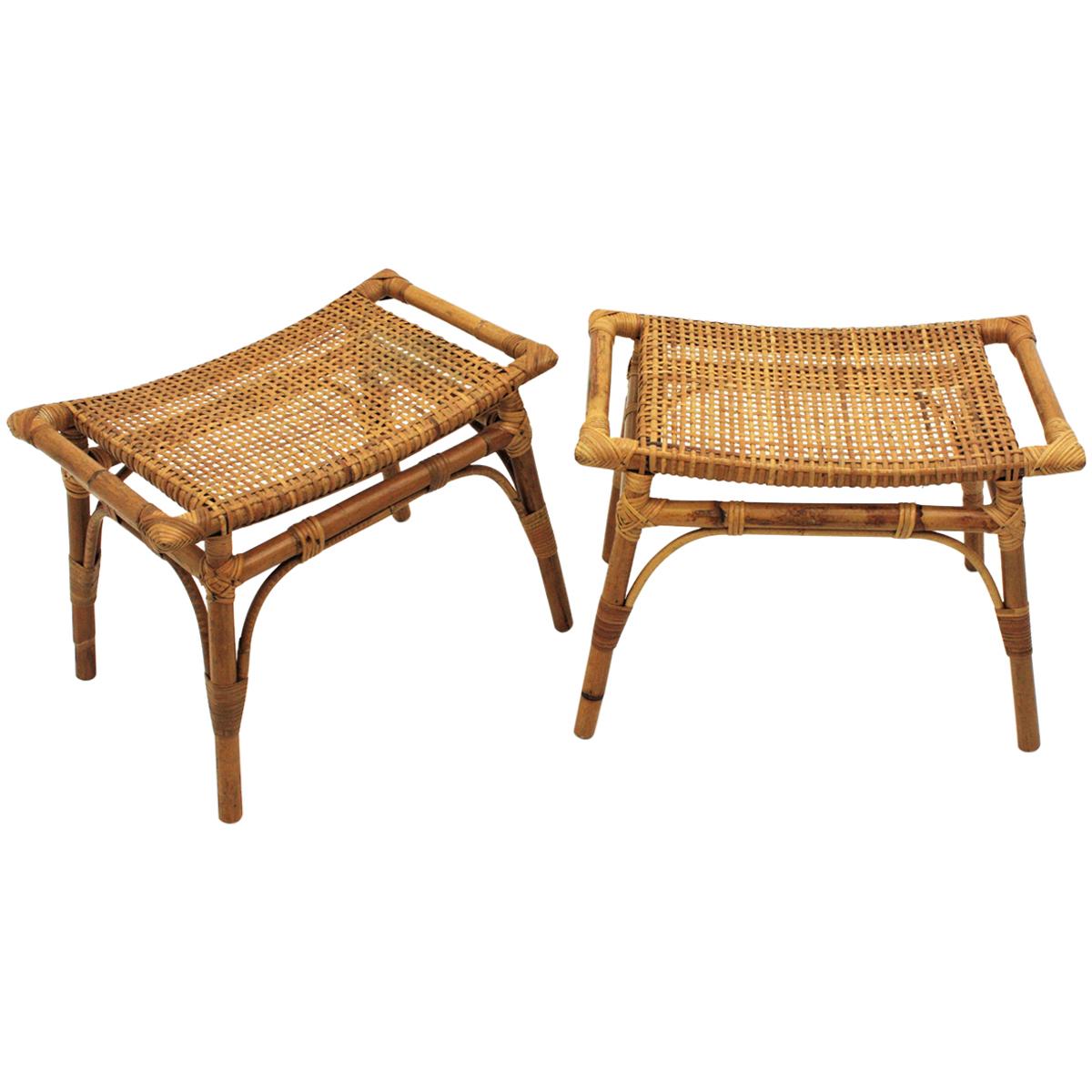 Pair of Bamboo Stools, Benches or Ottoman with Woven Wicker Cane Seats