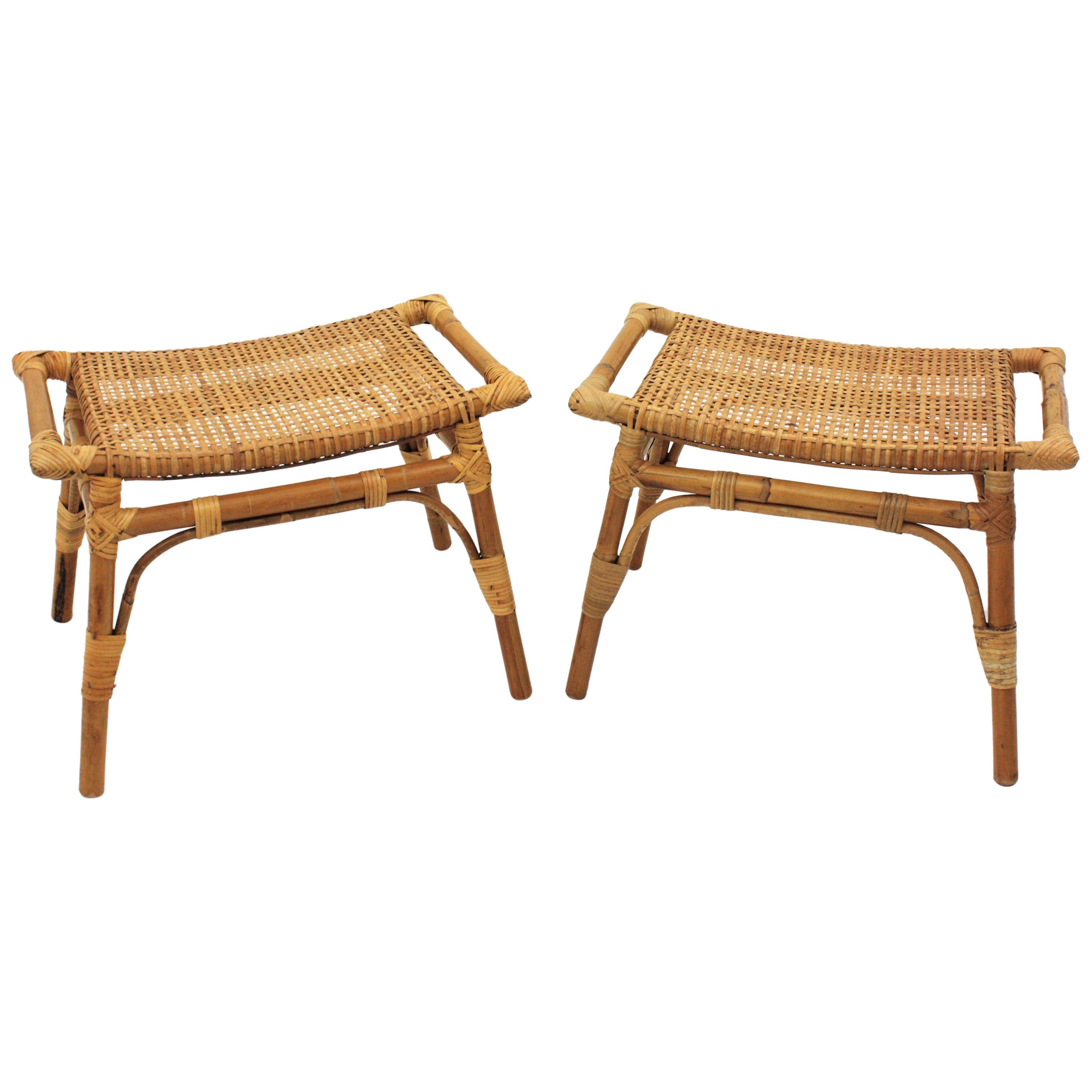 Pair of Bamboo Stools, Benches or Ottoman with Woven Wicker Cane Seats