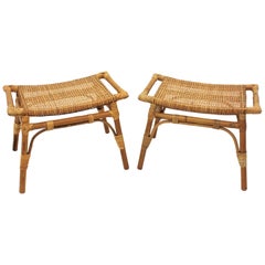 Pair of Bamboo Stools, Benches or Ottoman with Woven Wicker Cane Seats