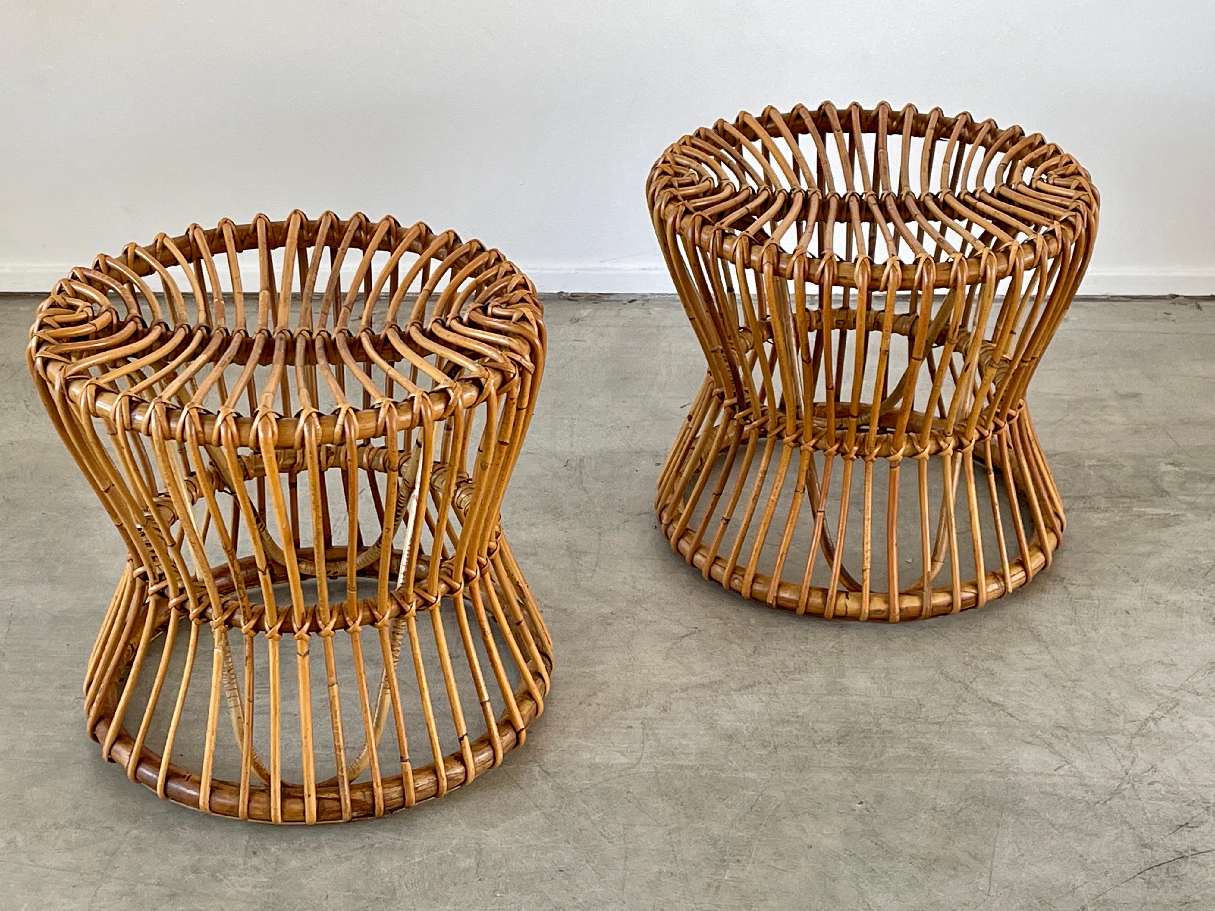 Pair of Italian bamboo ottomans in the style of Franco Albini, circa 1960's 
Unique hourglass shape! 
Sold individually.

 