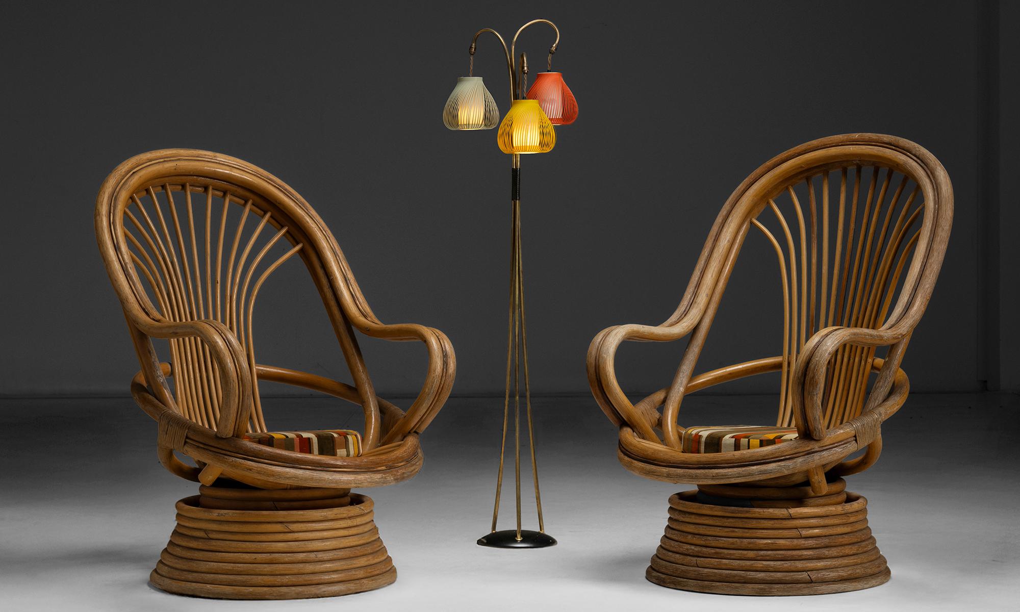 France, 1970
Pair of swivel chairs with bent bamboo frames and newly upholstered seat cushions.
29”w x 33”d x 42.5” x 13.5”seat
Ref. CHAIR1346
$ 6,800 pair