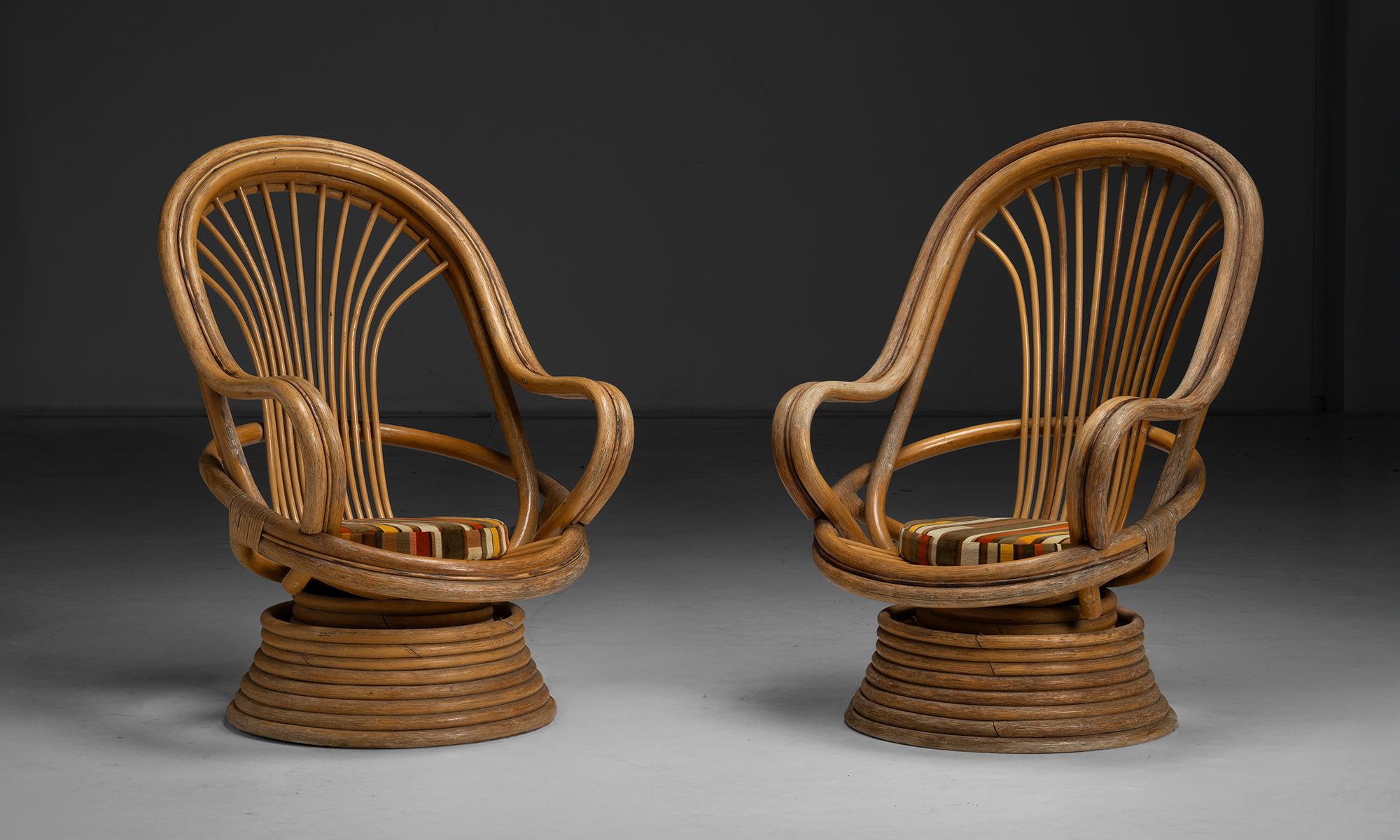 Pair of Bamboo Swivel Chairs, France circa 1970 In Good Condition For Sale In Culver City, CA