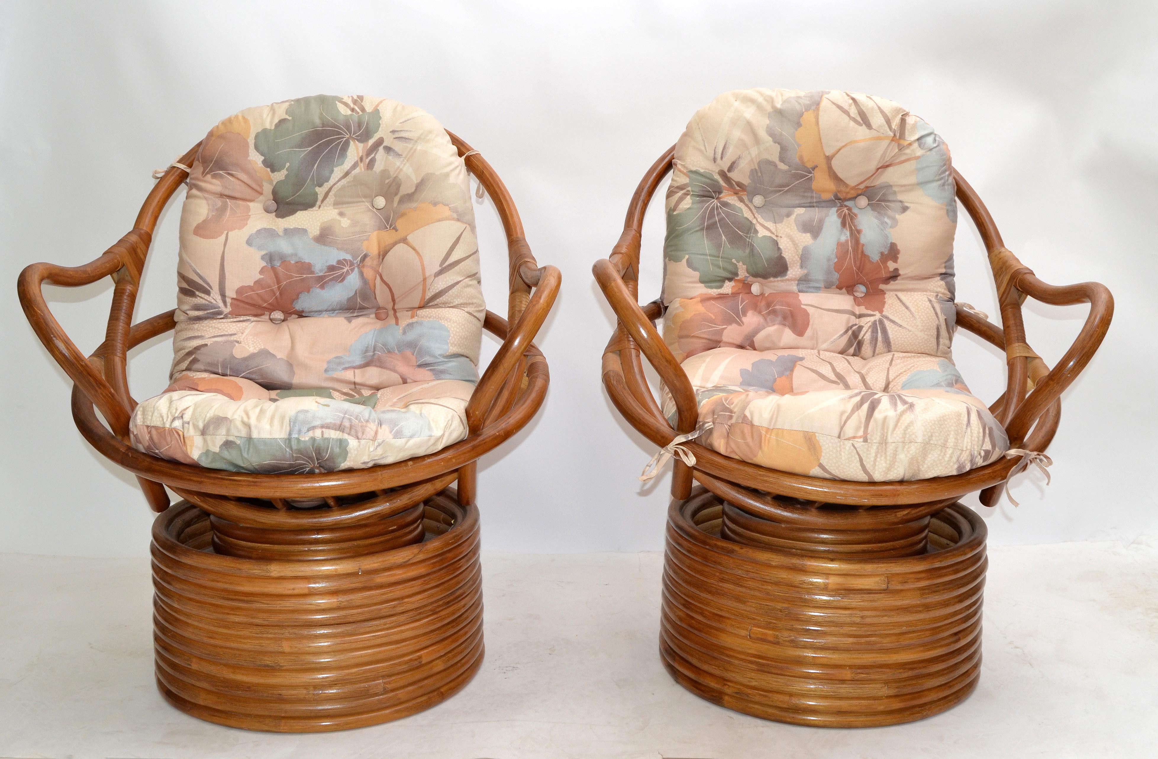 Pair of Bamboo Swivel Club Chairs Lounge Chairs Upholstery Bohemian Chic 1975 For Sale 5
