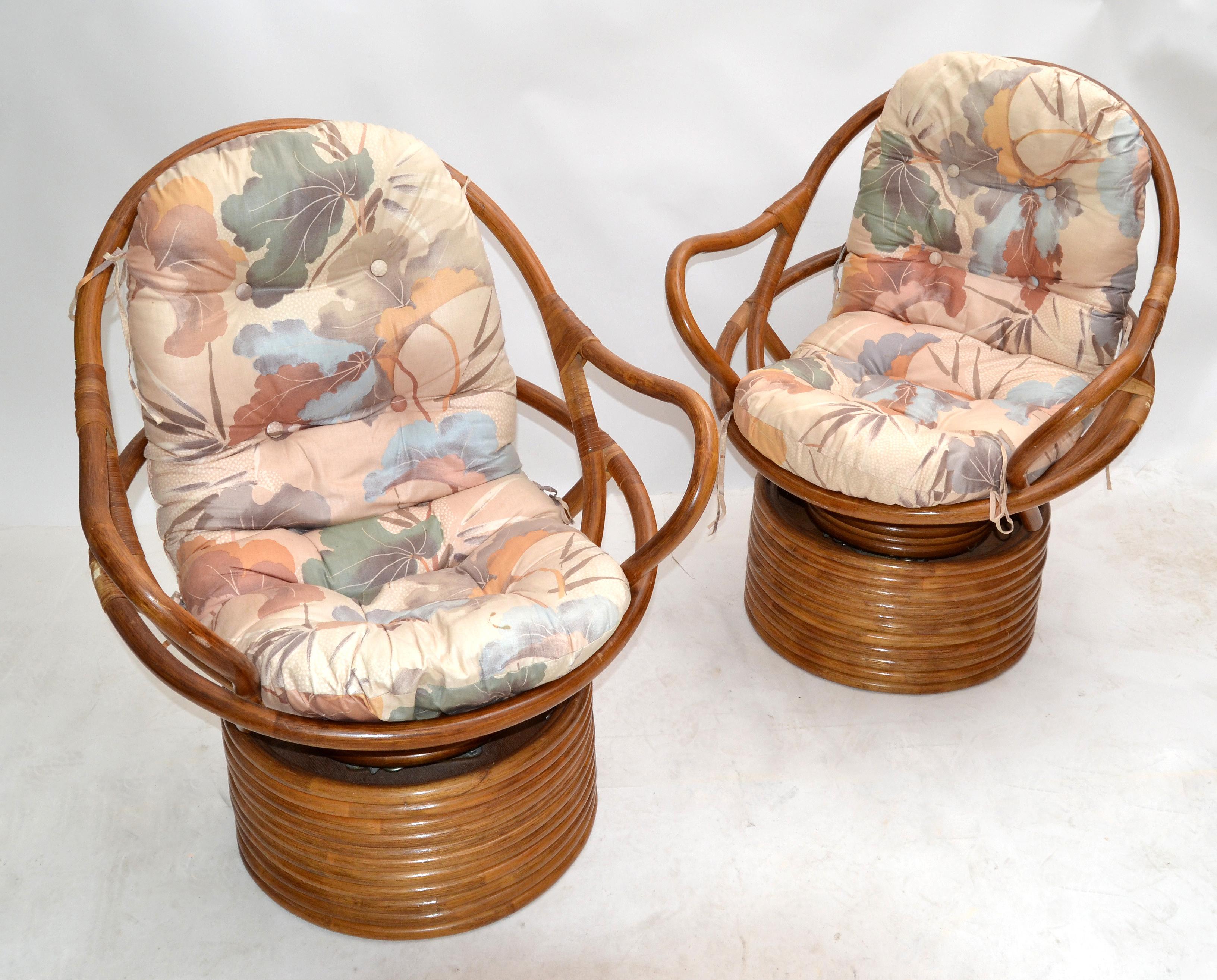 Pair of Bamboo Swivel Club Chairs Lounge Chairs Upholstery Bohemian Chic 1975 For Sale 6