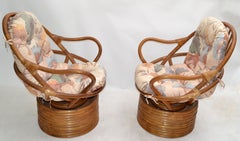 Pair of Bamboo Swivel Club Chairs Lounge Chairs Upholstery Bohemian Chic 1975