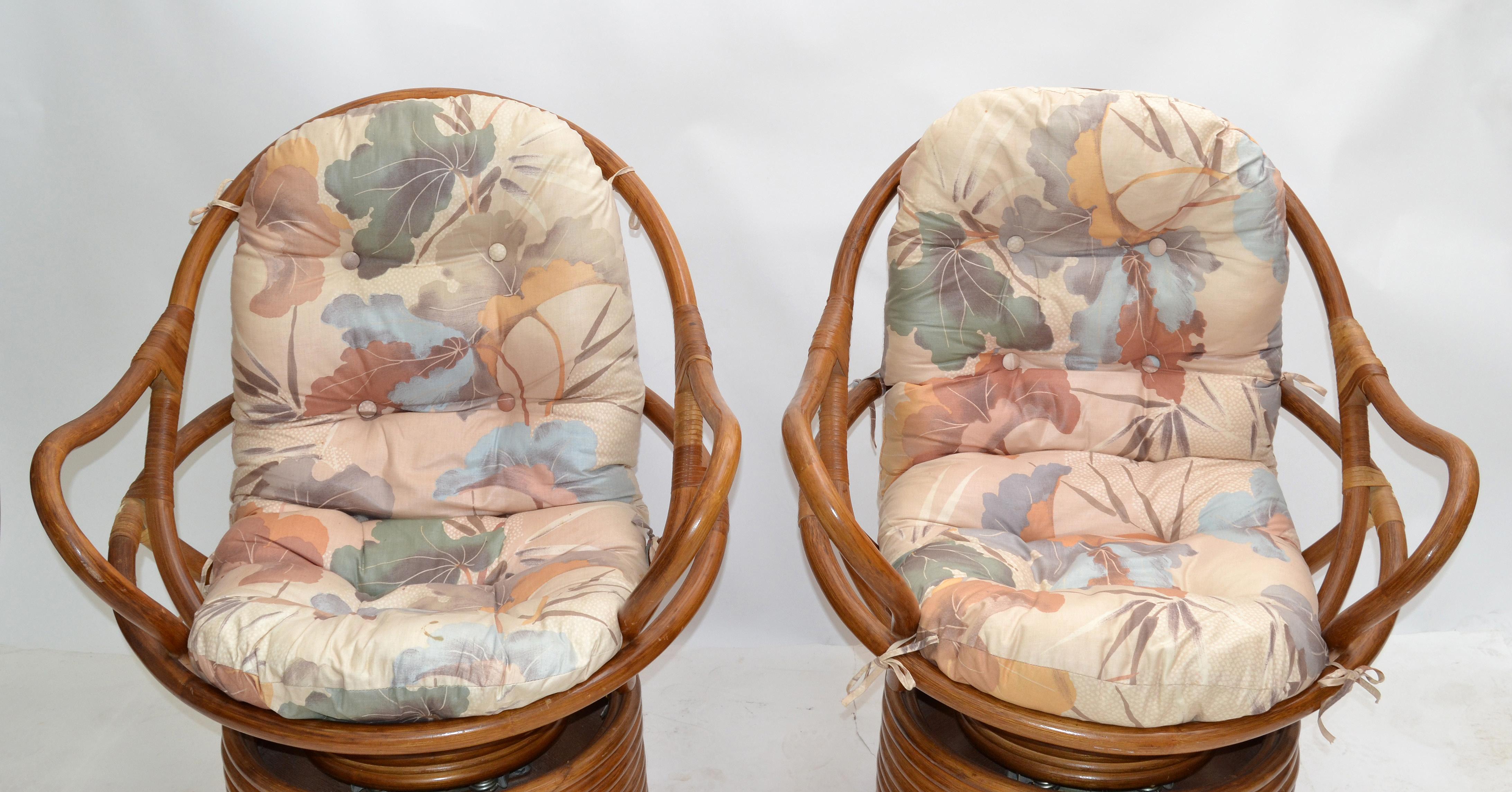 Rattan Pair of Bamboo Swivel Club Chairs Lounge Chairs Upholstery Bohemian Chic 1975 For Sale