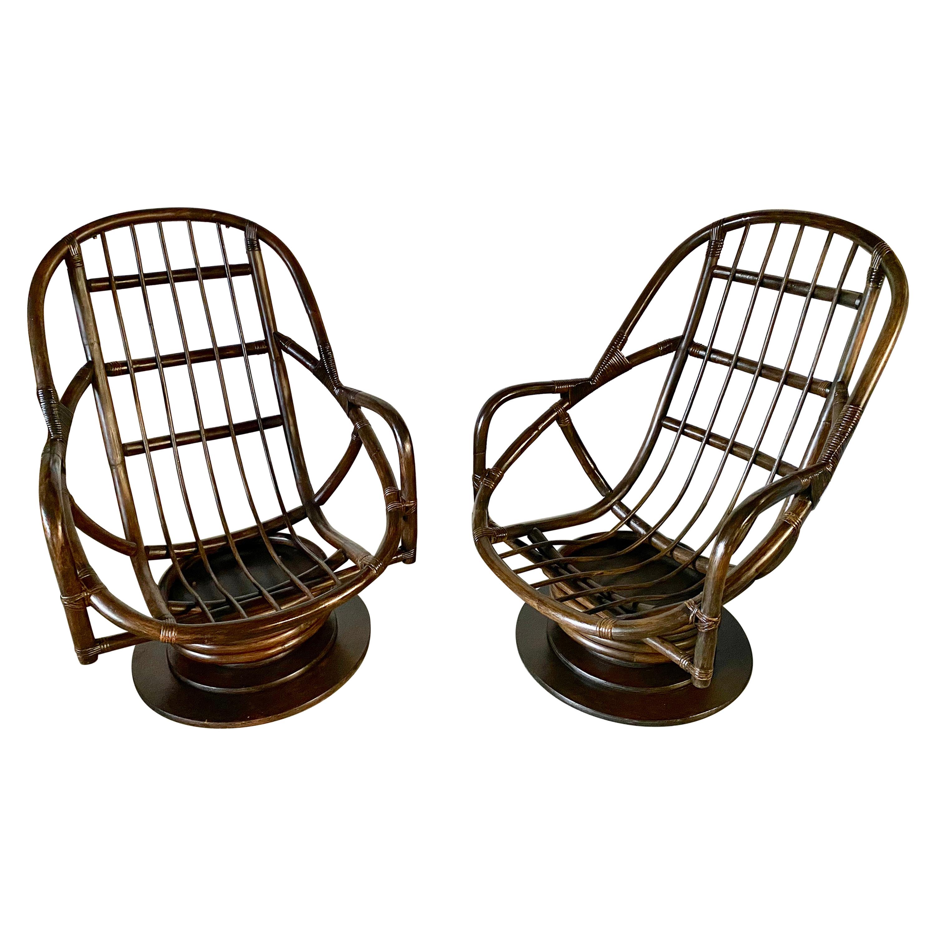 Pair of Bamboo Swivel Lounge Chairs