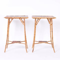 Pair of Bamboo Tables with Red and Black Lacquer Motif