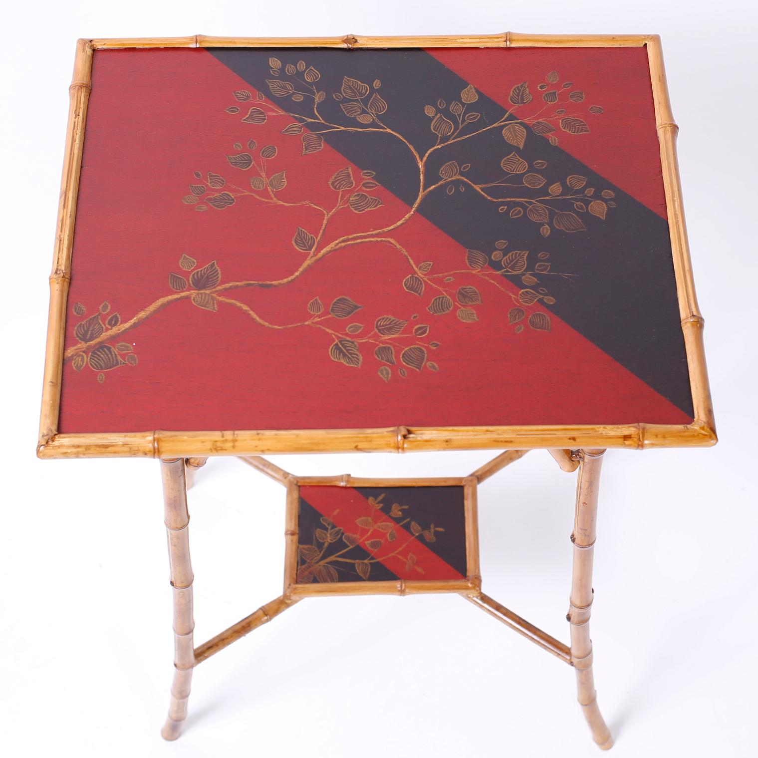 English Pair of Bamboo Tables with Red and Black Lacquer Motif For Sale