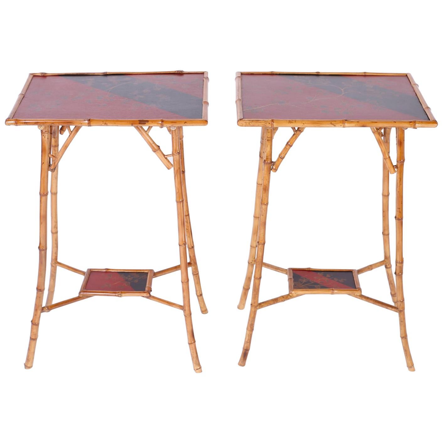 Pair of Bamboo Tables with Red and Black Lacquer Motif For Sale