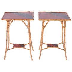 Vintage Pair of Bamboo Tables with Red and Black Lacquer Motif