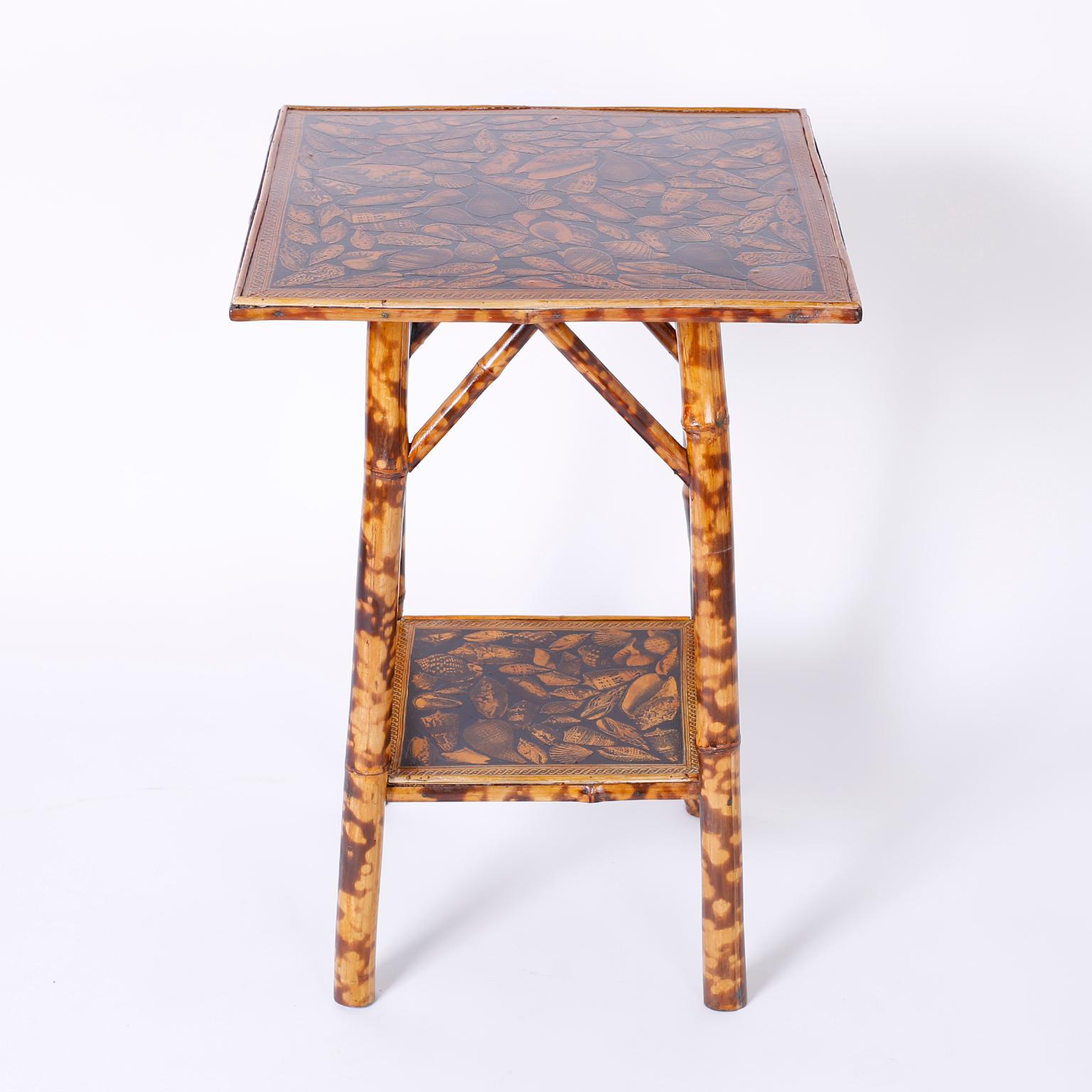 Victorian Pair of Bamboo Tables with Seashell Decoupage Tops