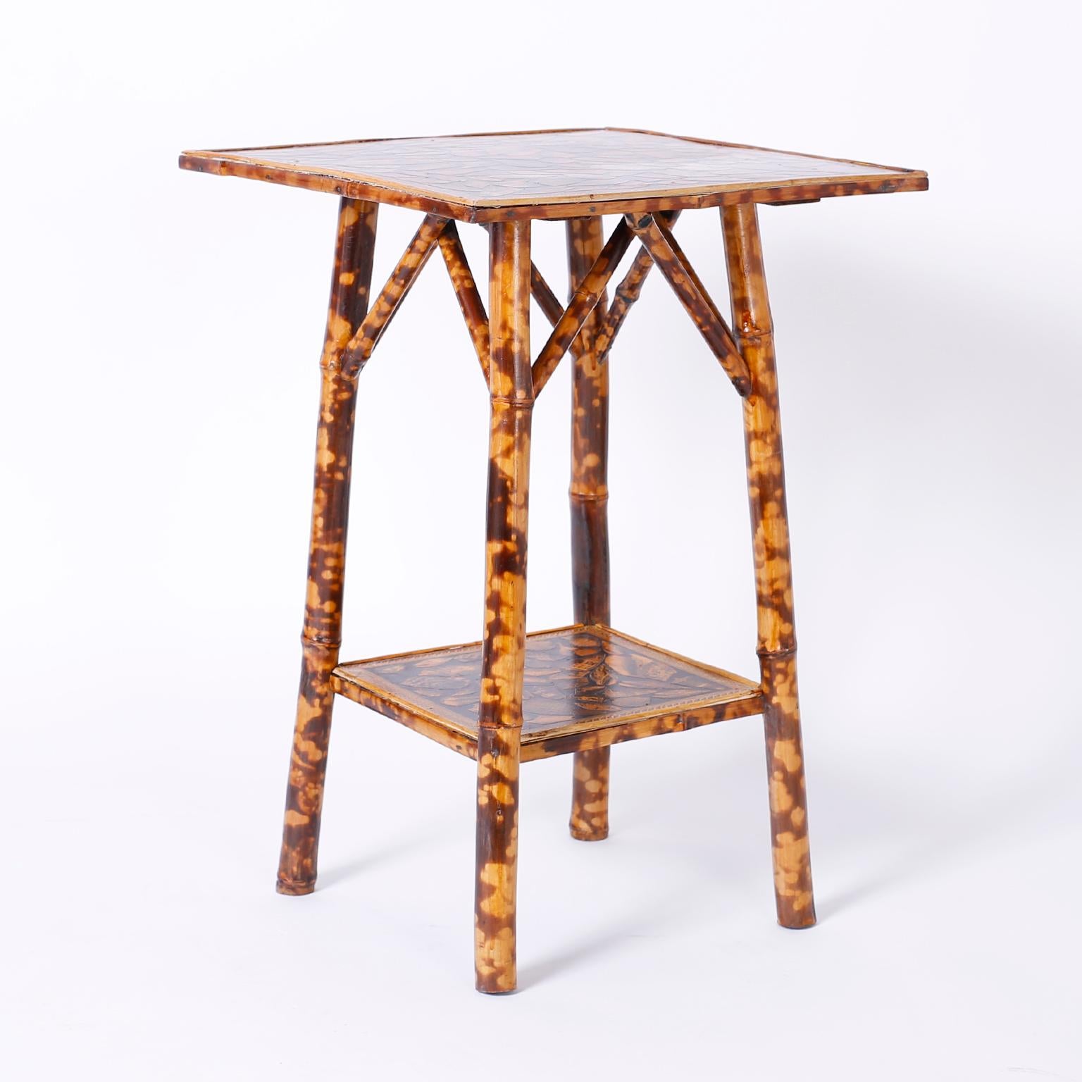 English Pair of Bamboo Tables with Seashell Decoupage Tops