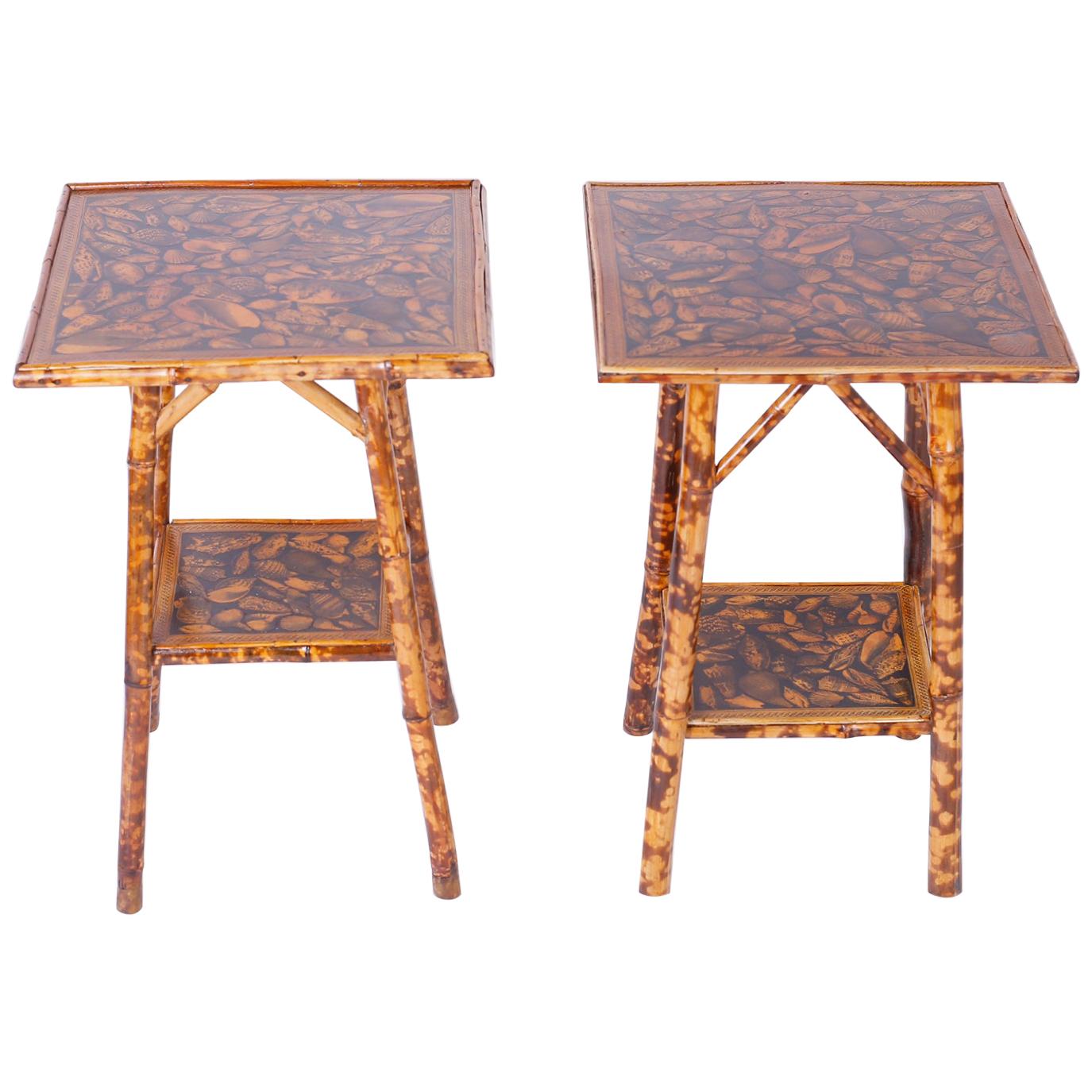 Pair of Bamboo Tables with Seashell Decoupage Tops