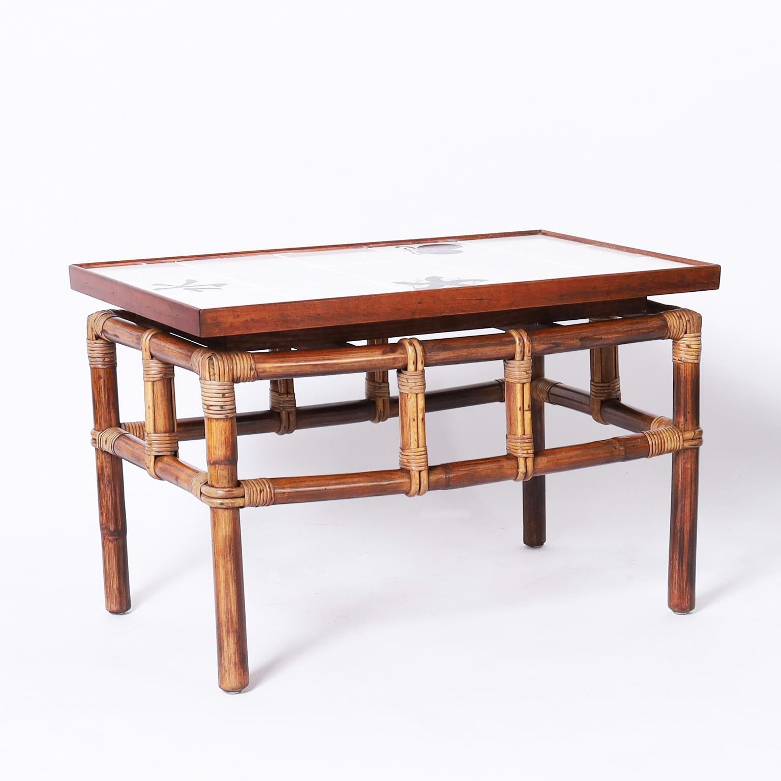 American Pair of Bamboo Tile Top Tables or Stands For Sale