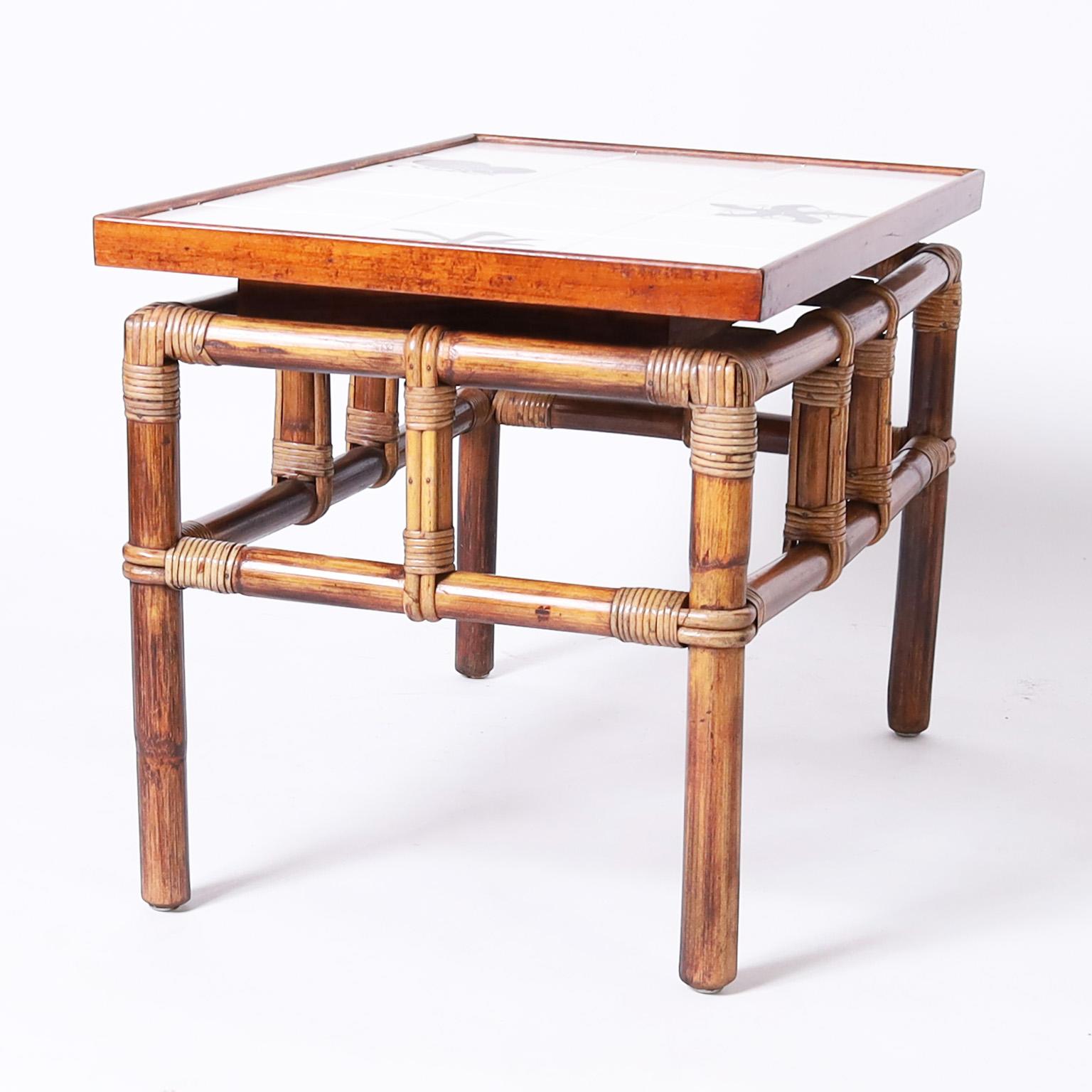 Hand-Crafted Pair of Bamboo Tile Top Tables or Stands For Sale