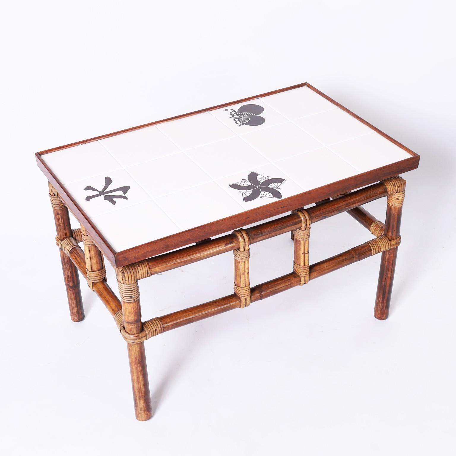 Pair of Bamboo Tile Top Tables or Stands In Good Condition For Sale In Palm Beach, FL