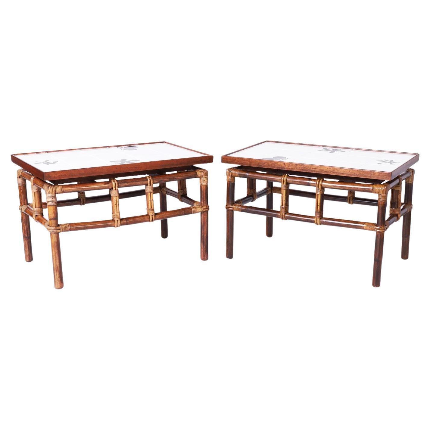 Pair of Bamboo Tile Top Tables or Stands For Sale