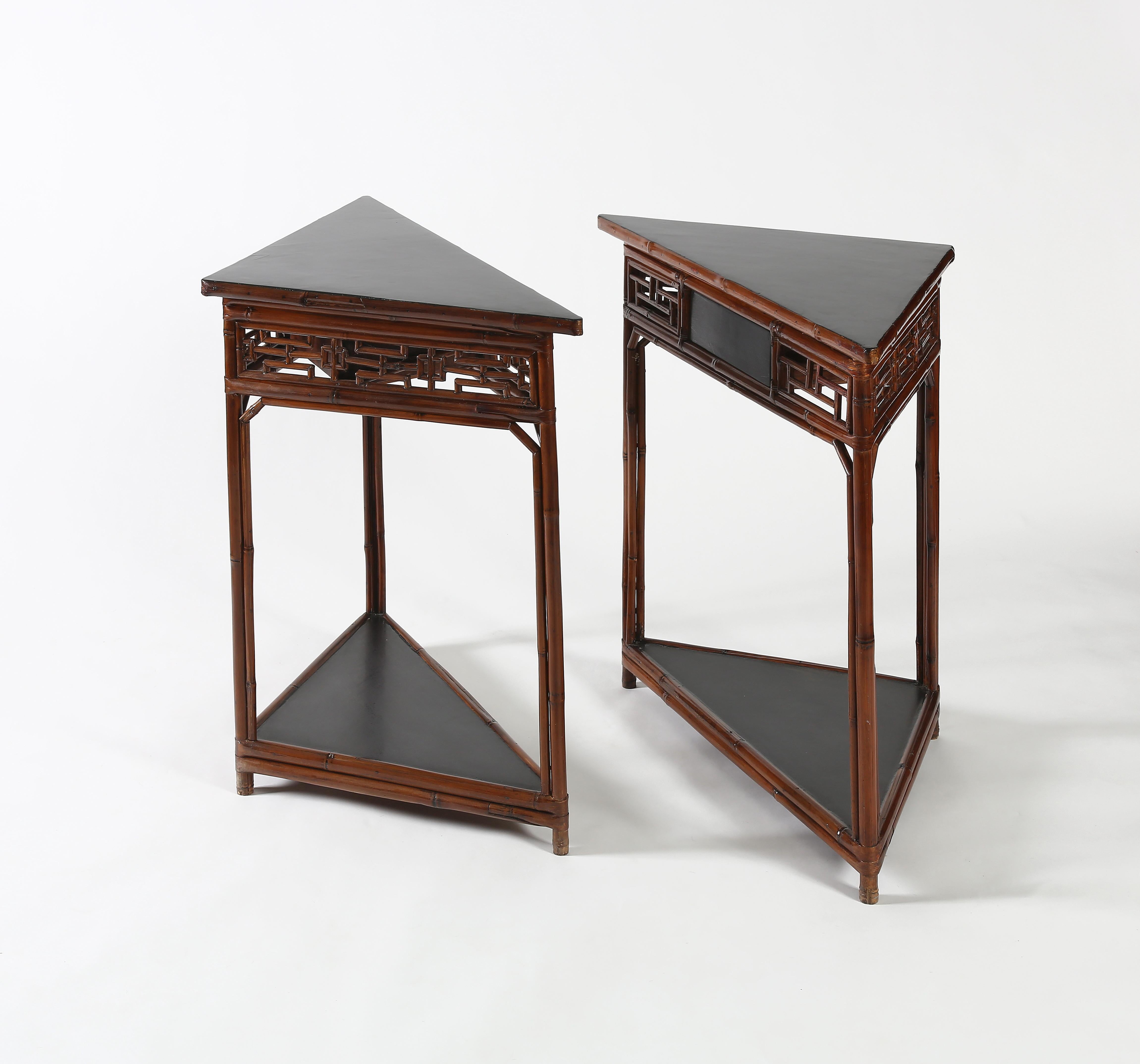 Pair of Bamboo Triangular Side Tables 4