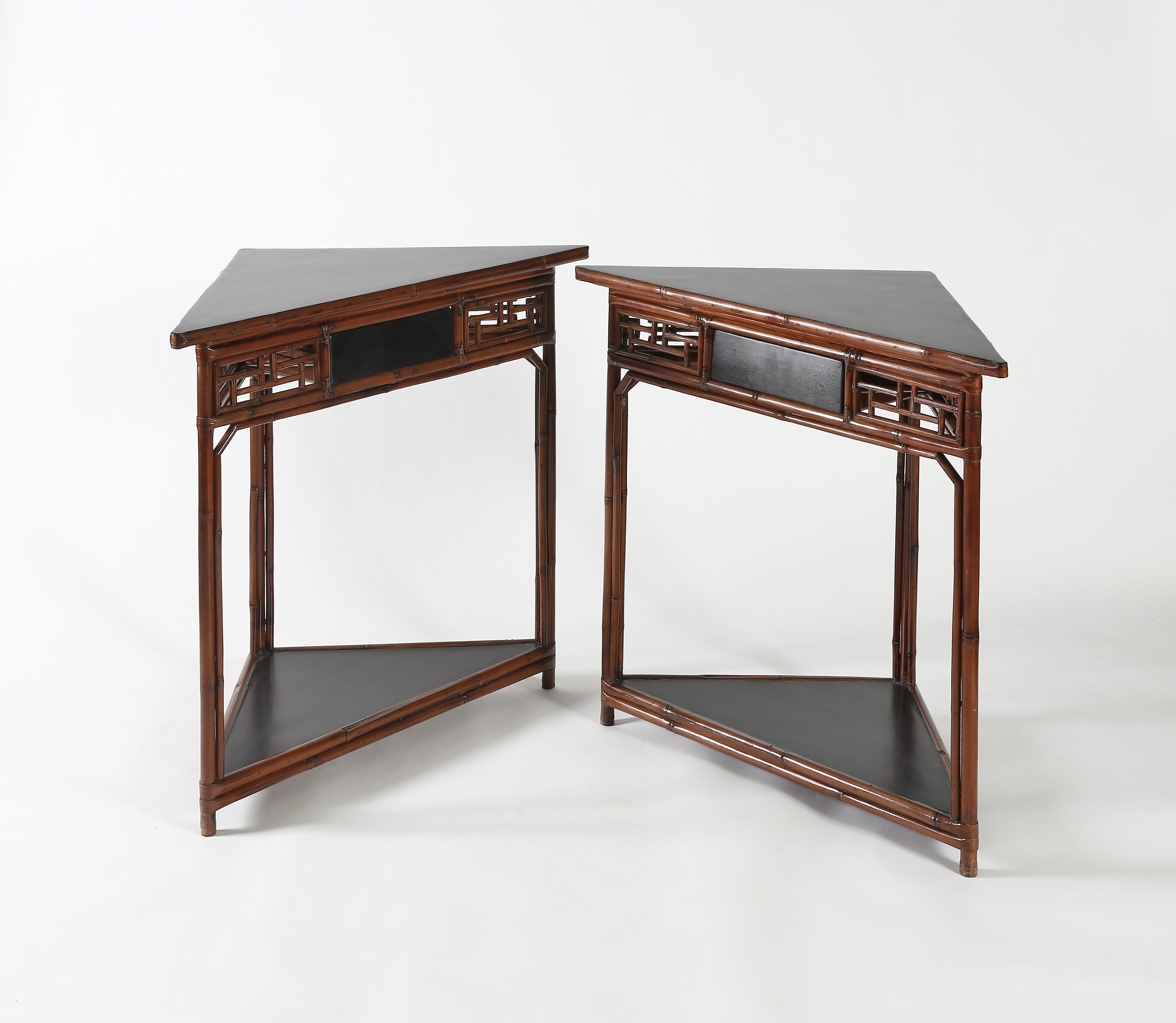 Hand-Crafted Pair of Bamboo Triangular Side Tables