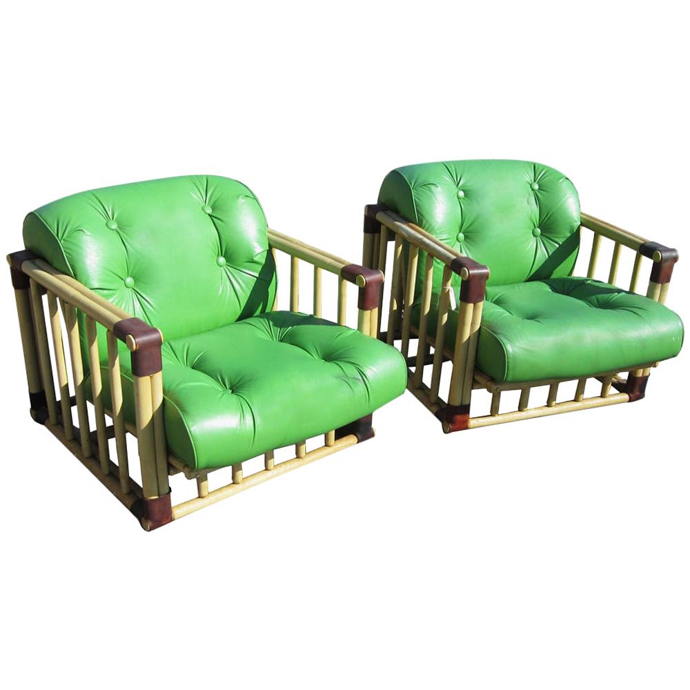 Pair of Original Bamboo Tufted Green Rattan Lounge Chairs by Ficks Reed, 1970's