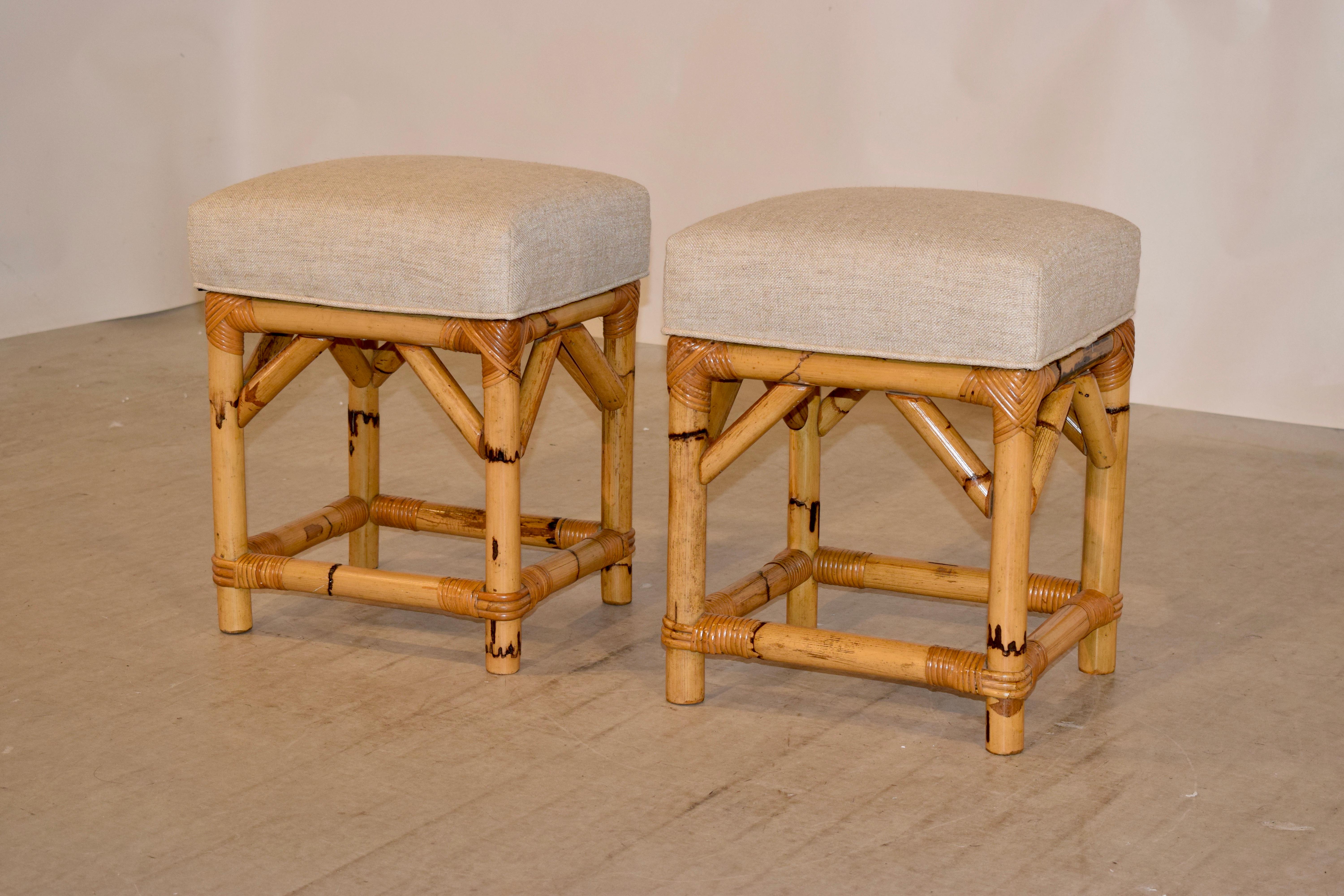 Art Nouveau Pair of Bamboo Upholstered Stools, circa 1960