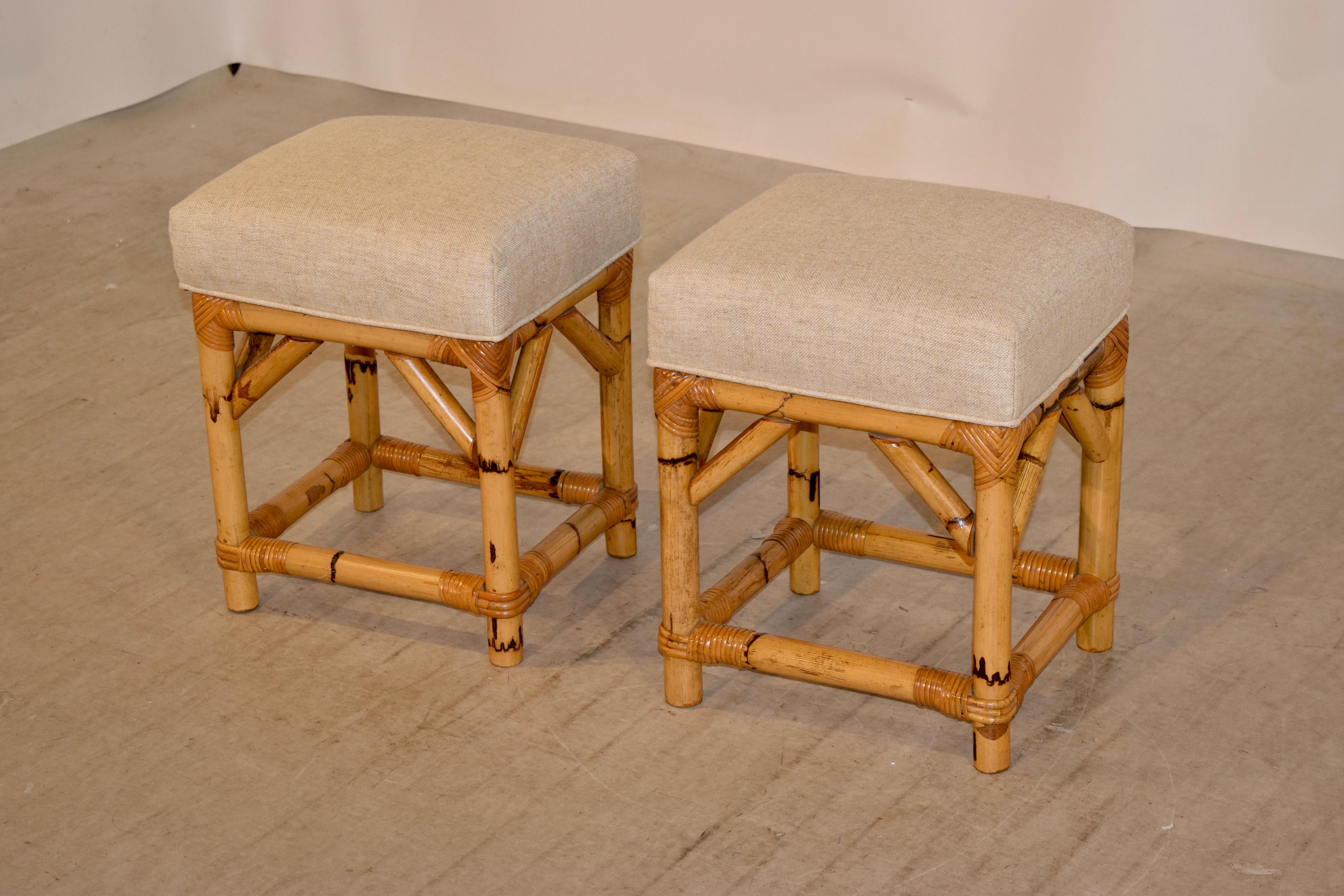 English Pair of Bamboo Upholstered Stools, circa 1960