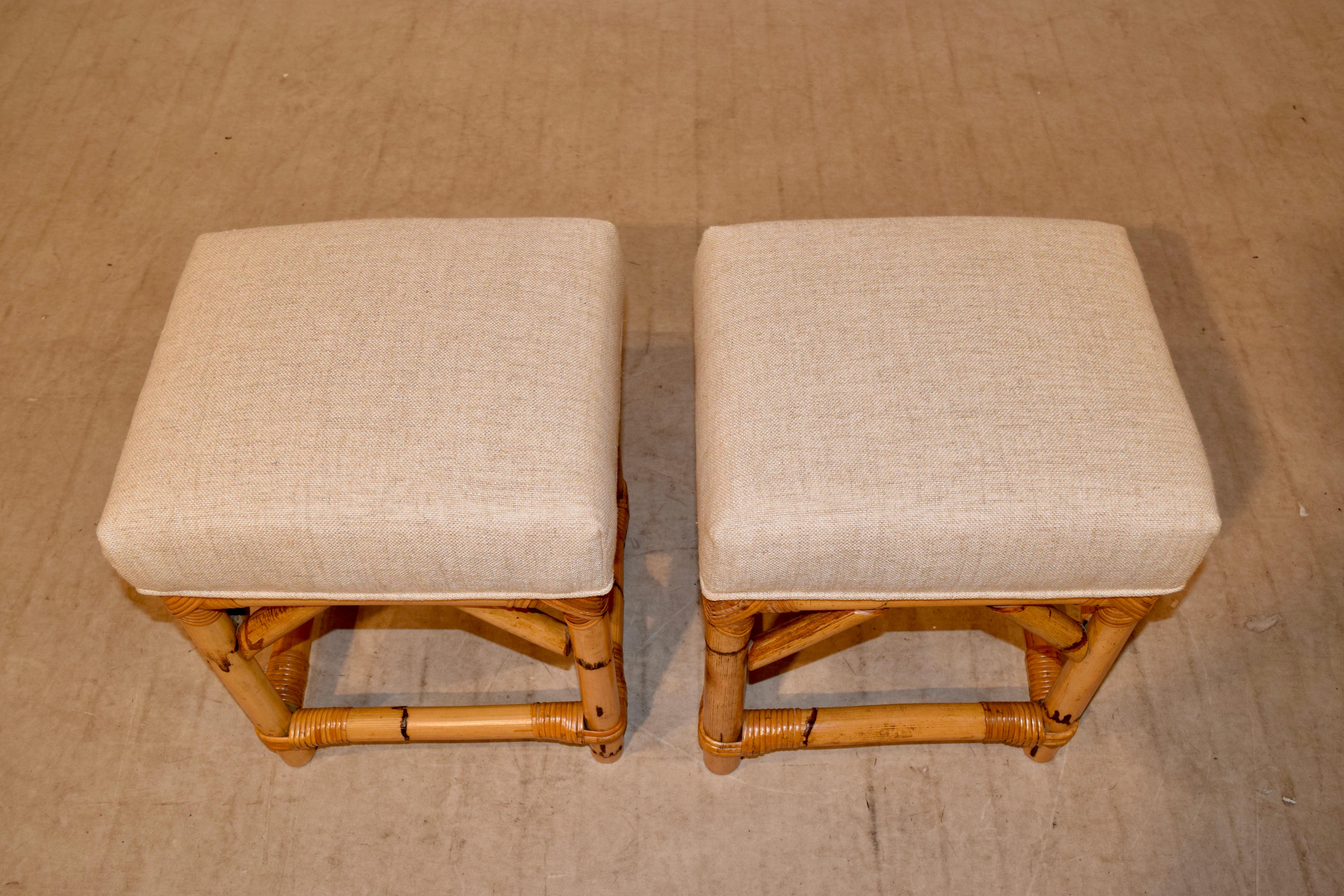 Pair of Bamboo Upholstered Stools, circa 1960 In Good Condition In High Point, NC