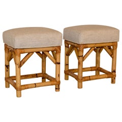 Pair of Bamboo Upholstered Stools, circa 1960