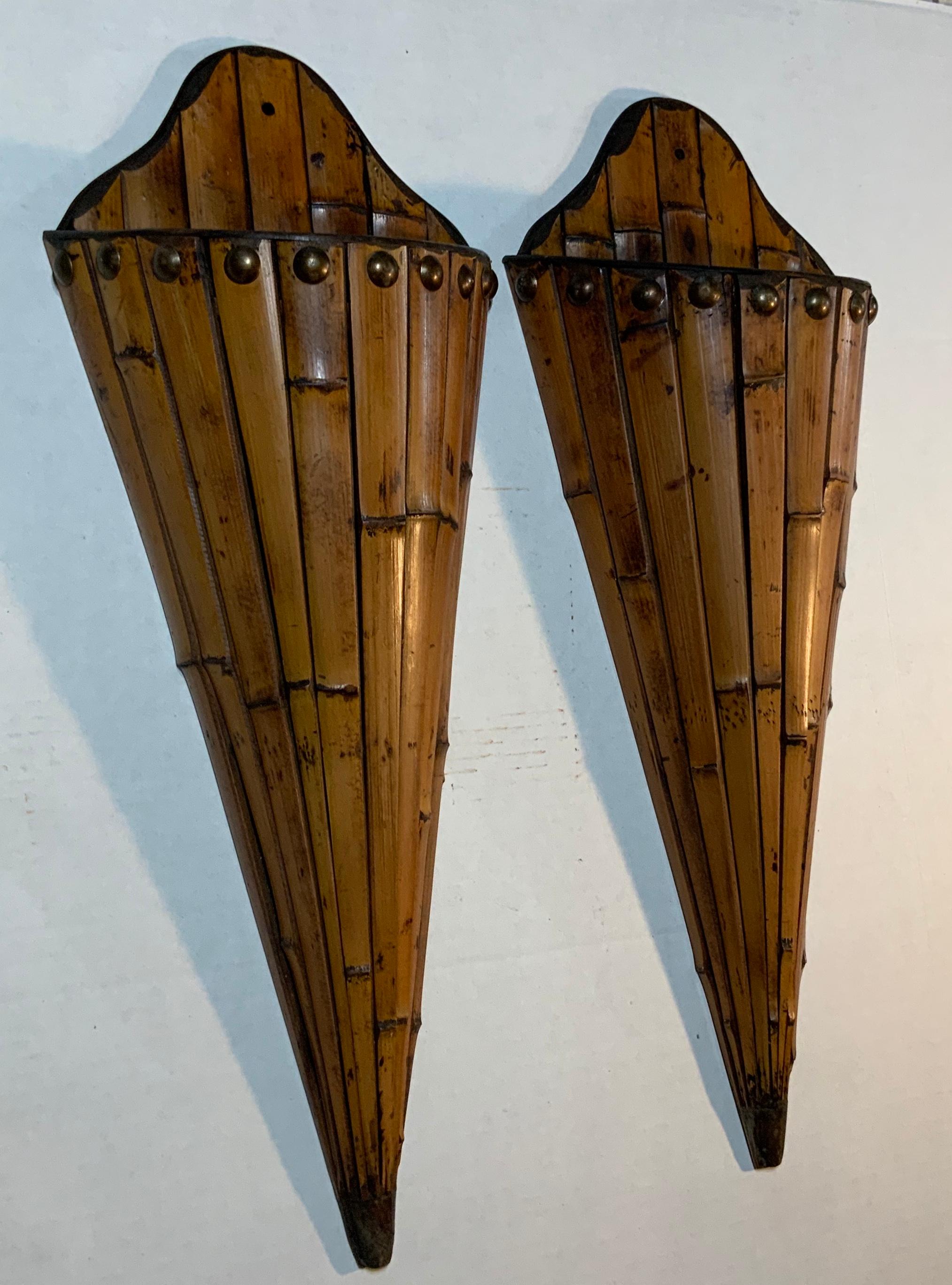 Pair of elegant bamboo wall bracket made with original bamboo, nice opening for plants or flowers, or just decorative as wall hanging.